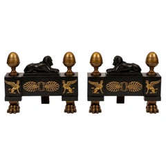 Paire de chenets anciens en fonte de style Empire pour cheminée