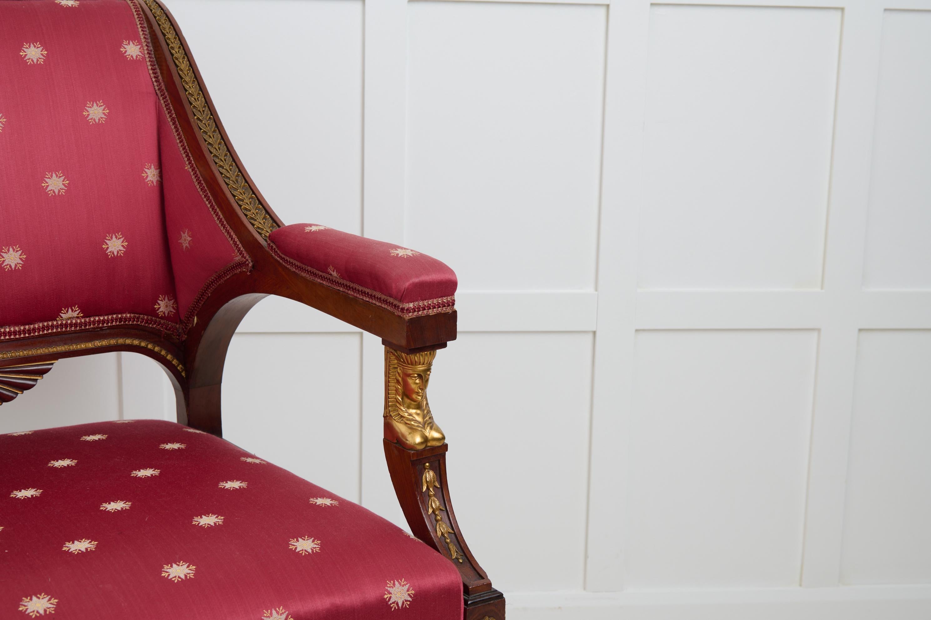 Pair of Antique Empire Mahogany Armchairs, Brass and Gilded Decor For Sale 5