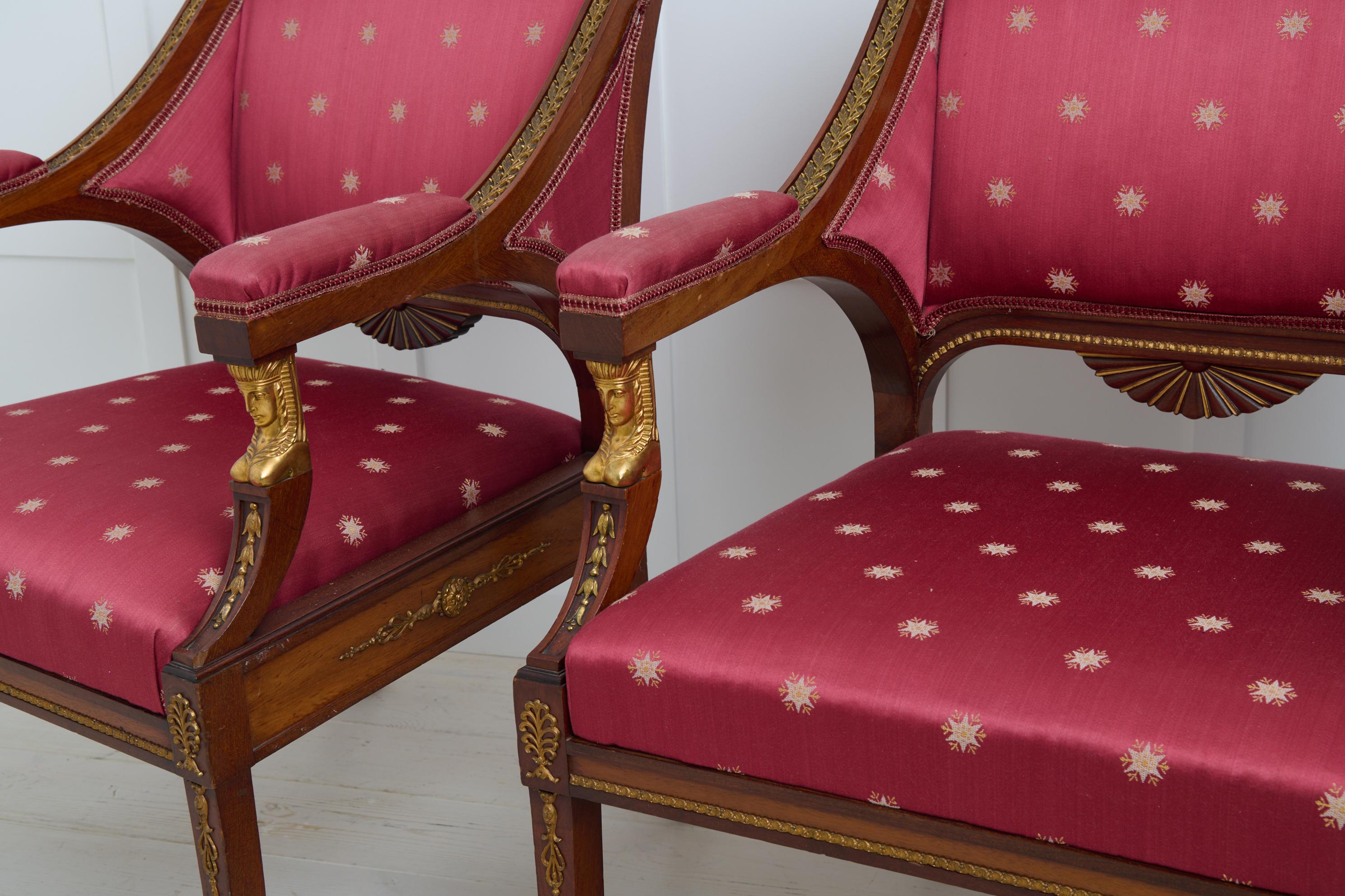 Pair of Antique Empire Mahogany Armchairs, Brass and Gilded Decor For Sale 6