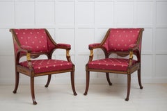 Pair of Antique Empire Mahogany Armchairs, Brass and Gilded Decor