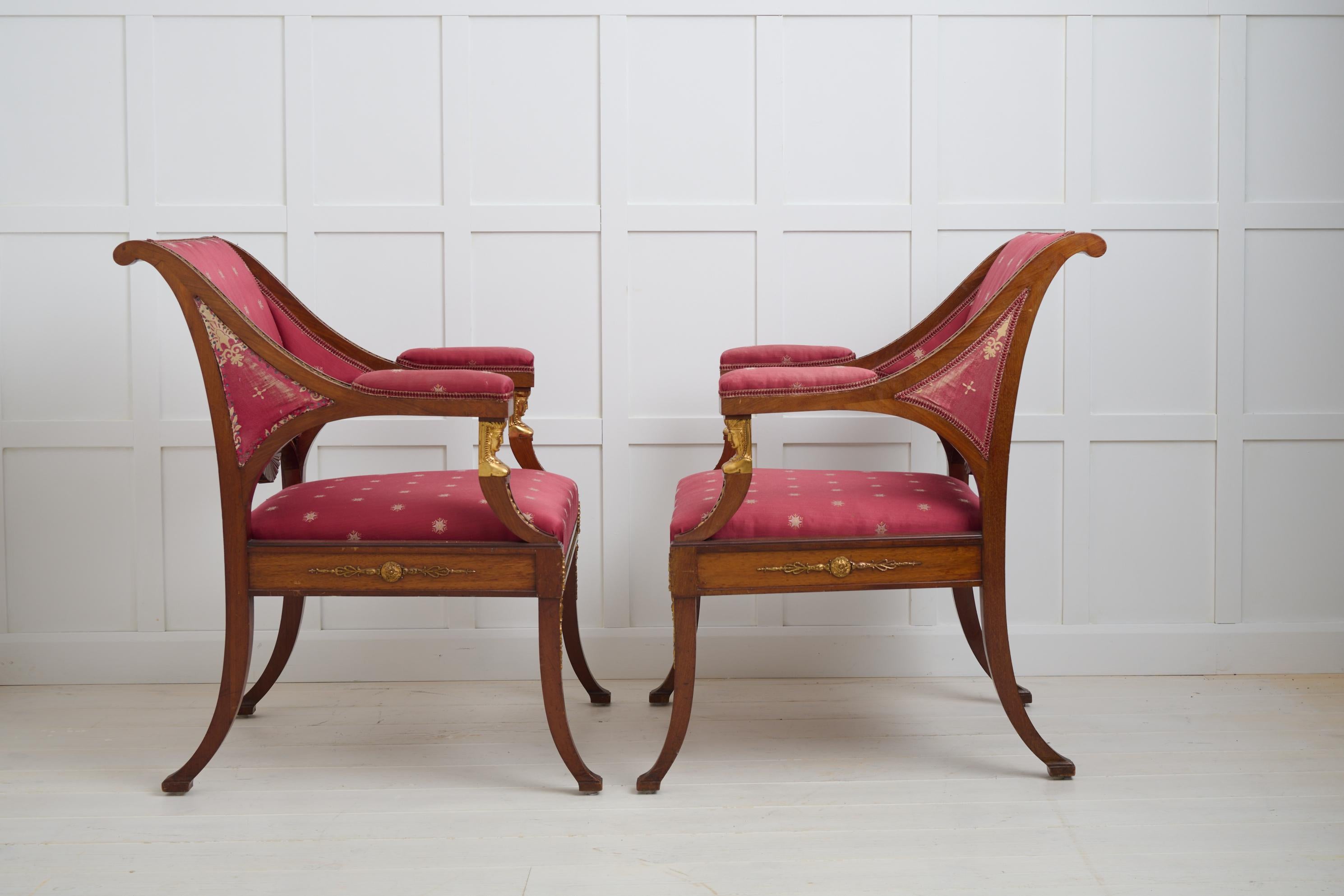 19th Century Pair of Antique Empire Mahogany Armchairs, Brass and Gilded Decor For Sale