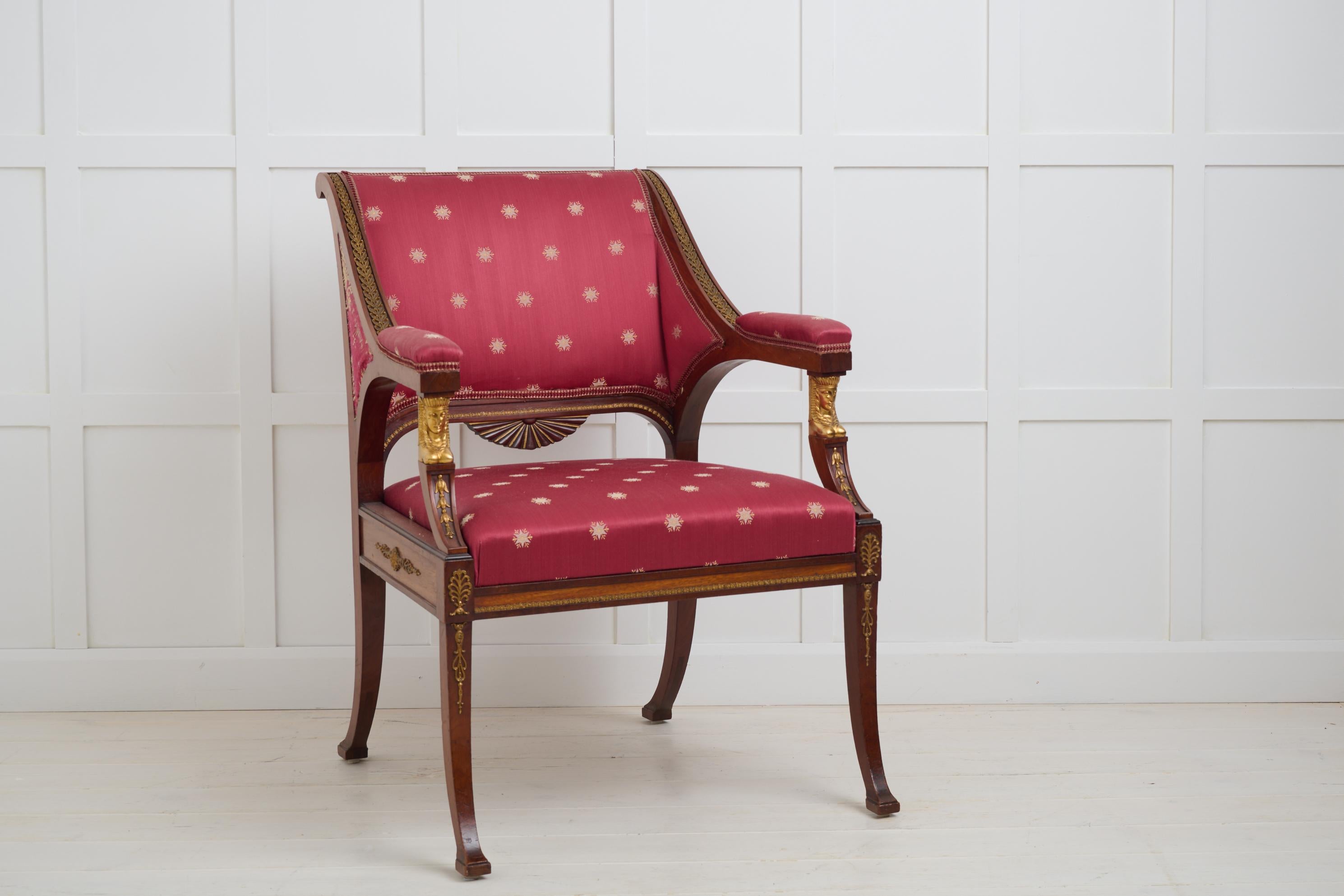 Pair of Antique Empire Mahogany Armchairs, Brass and Gilded Decor For Sale 1