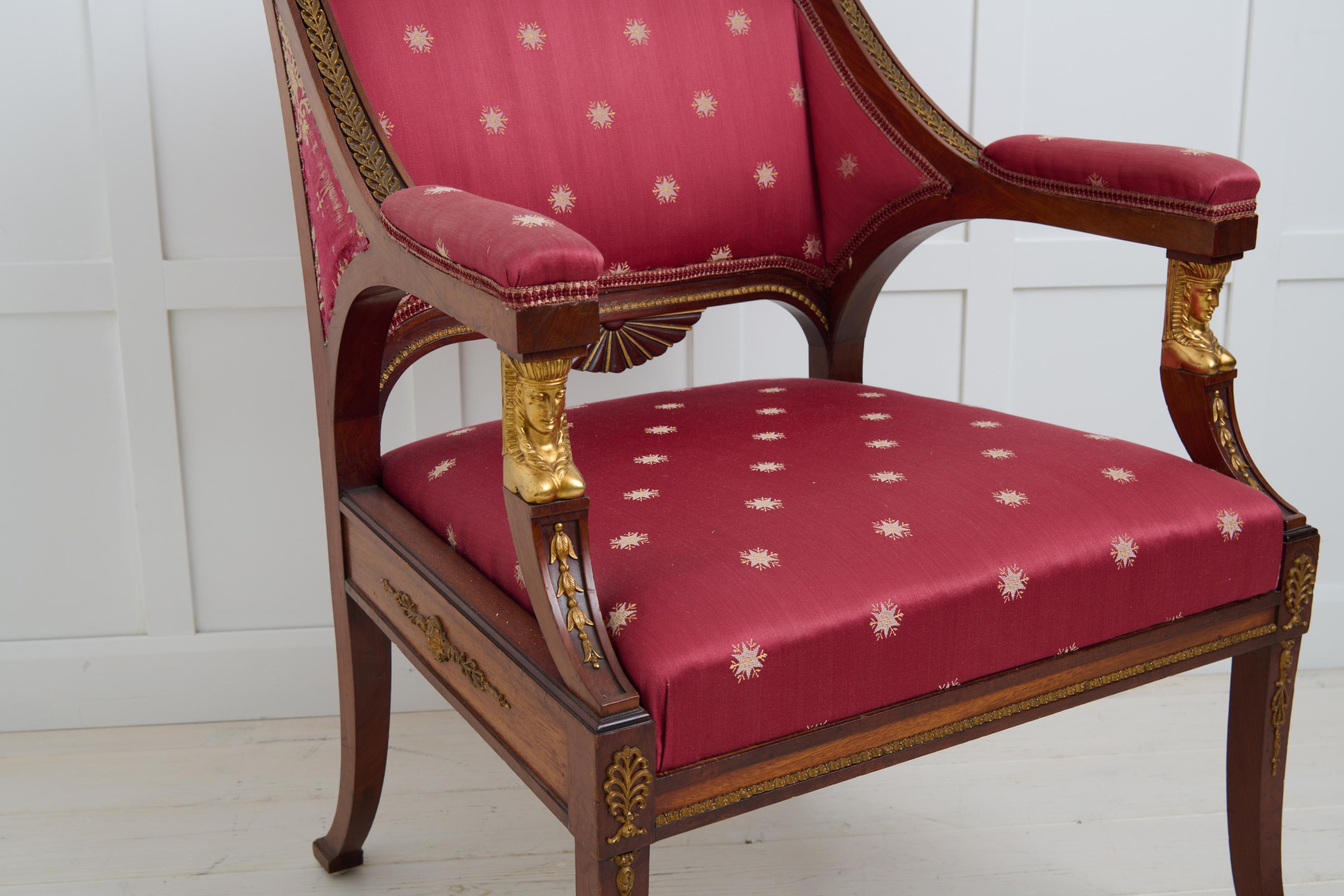 Pair of Antique Empire Mahogany Armchairs, Brass and Gilded Decor For Sale 2