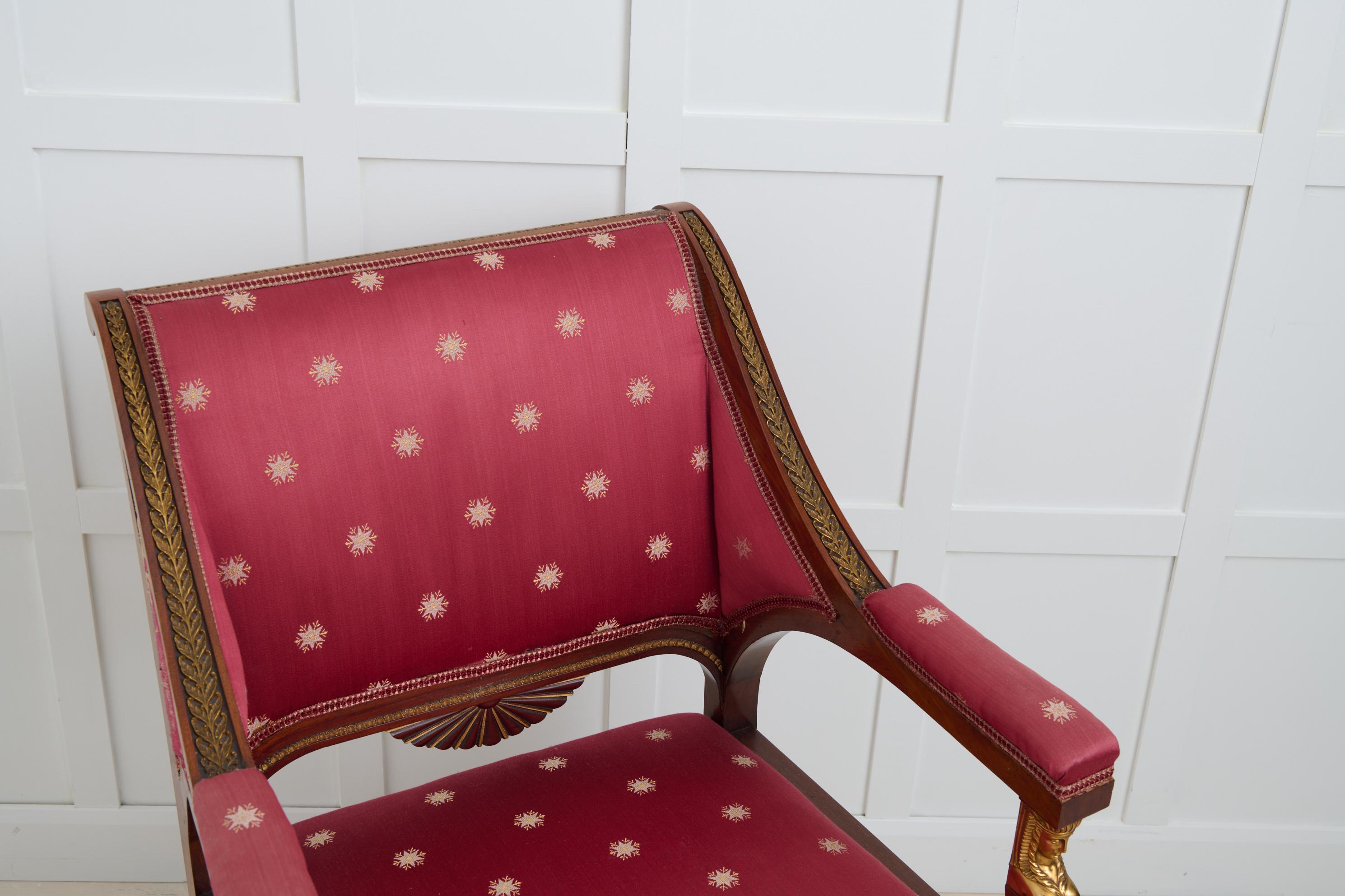 Pair of Antique Empire Mahogany Armchairs, Brass and Gilded Decor For Sale 3