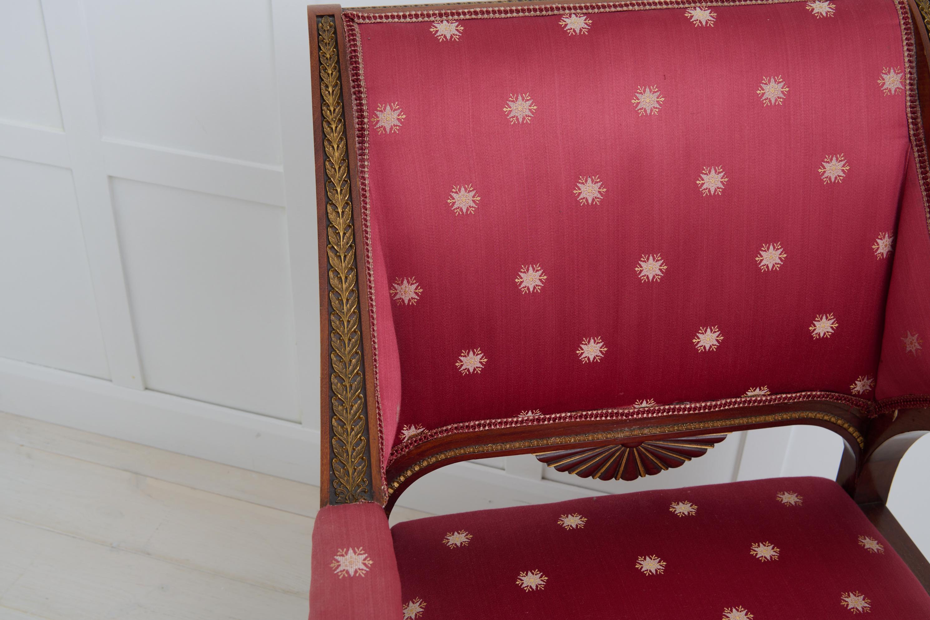 Pair of Antique Empire Mahogany Armchairs, Brass and Gilded Decor For Sale 4
