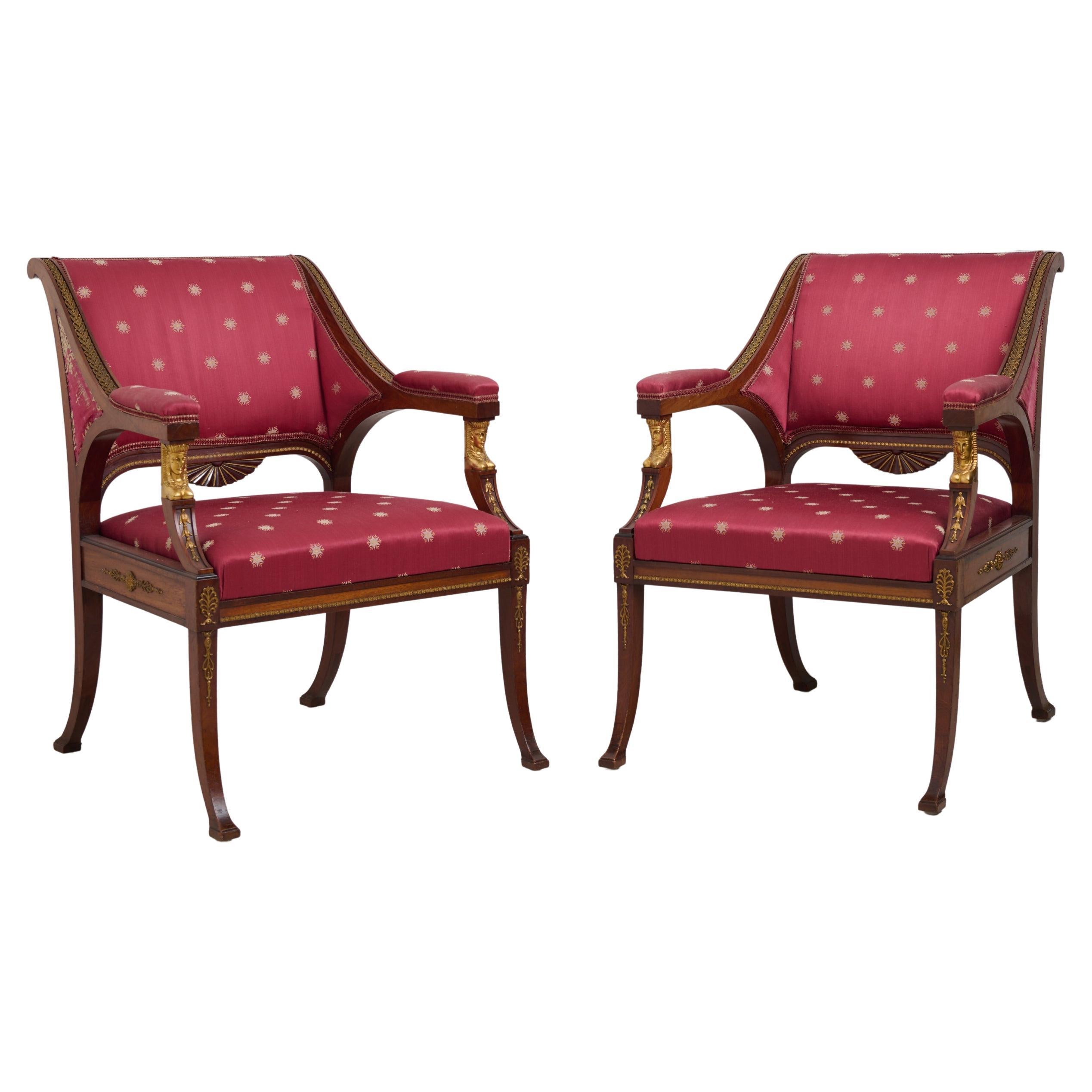 Pair of Antique Empire Mahogany Armchairs, Brass and Gilded Decor For Sale