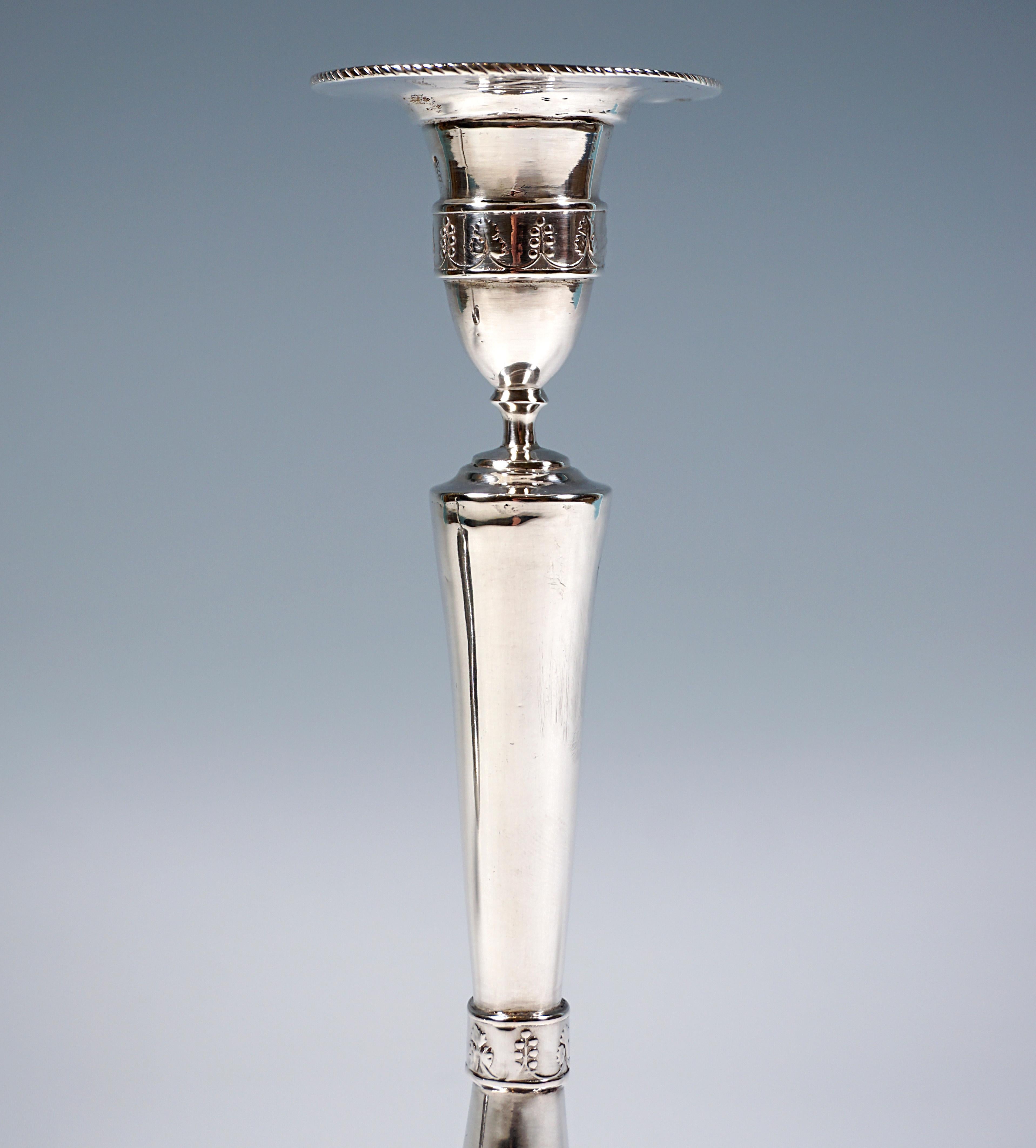 Hand-Crafted Pair Of Antique Empire Silver Candle Holders, Johann Kaba Vienna, Dated 1803 For Sale
