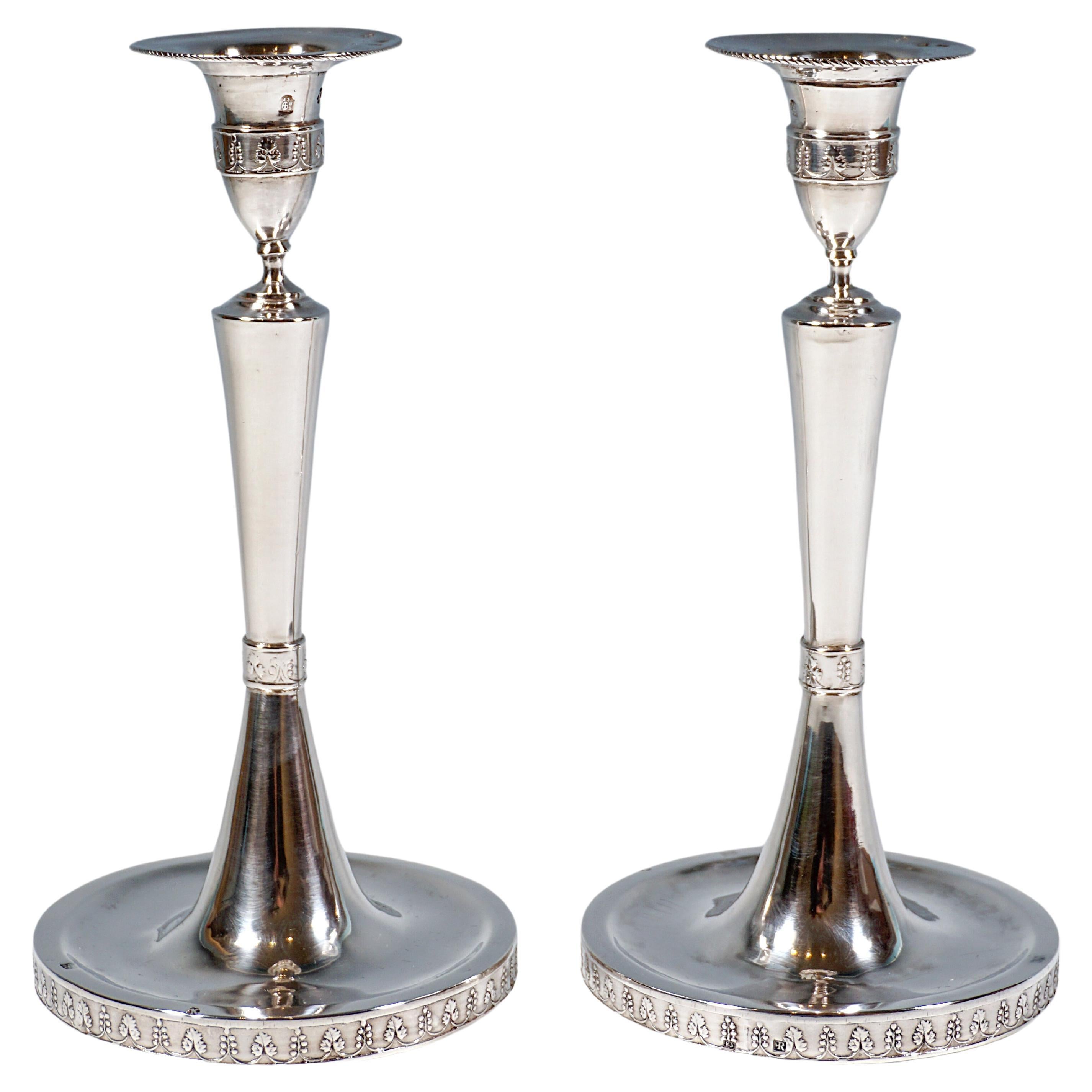 Pair Of Antique Empire Silver Candle Holders, Johann Kaba Vienna, Dated 1803 For Sale