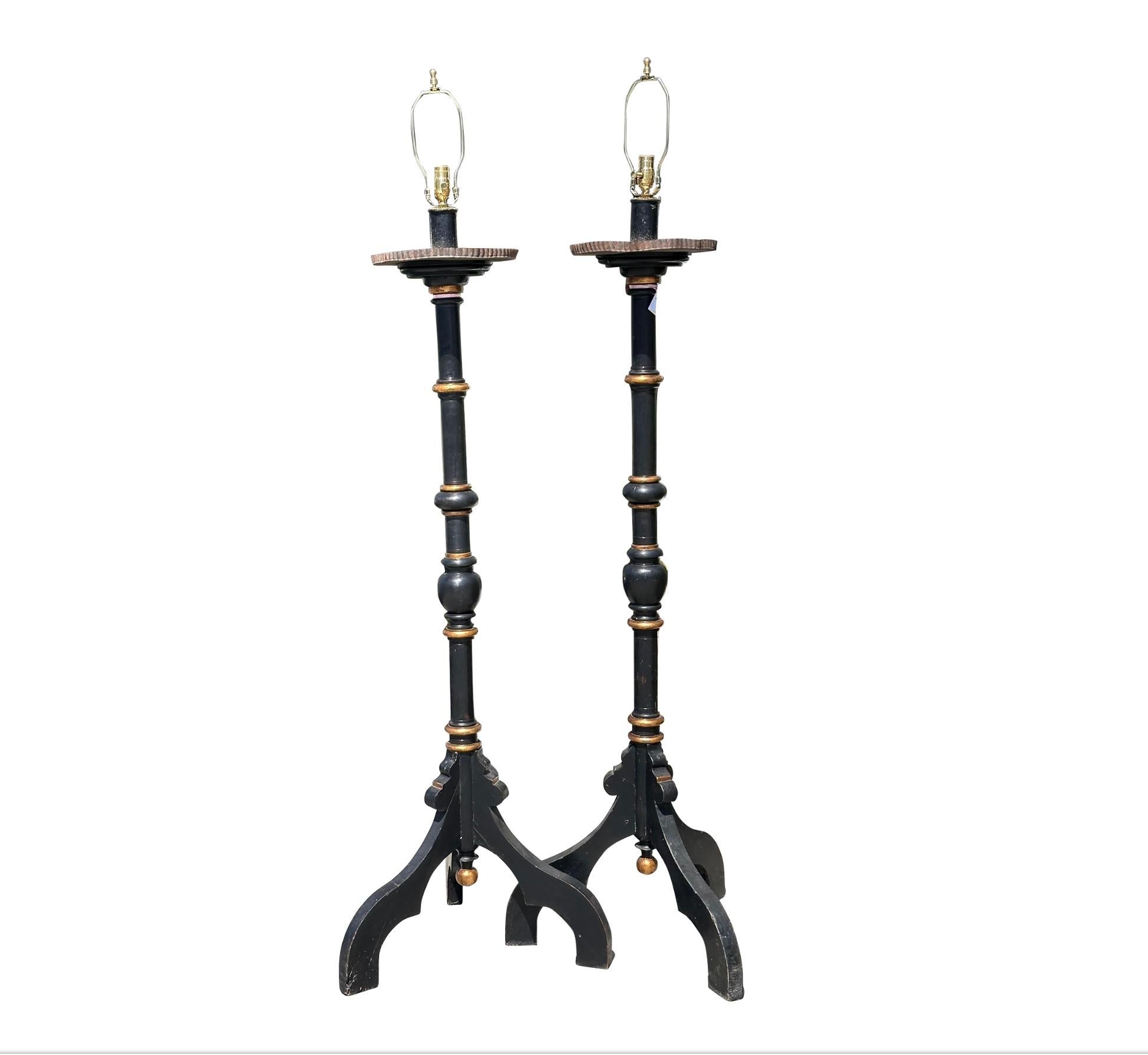 Italian Pair of Antique Empire Style Black & Gold Torchere Floor Lamps For Sale