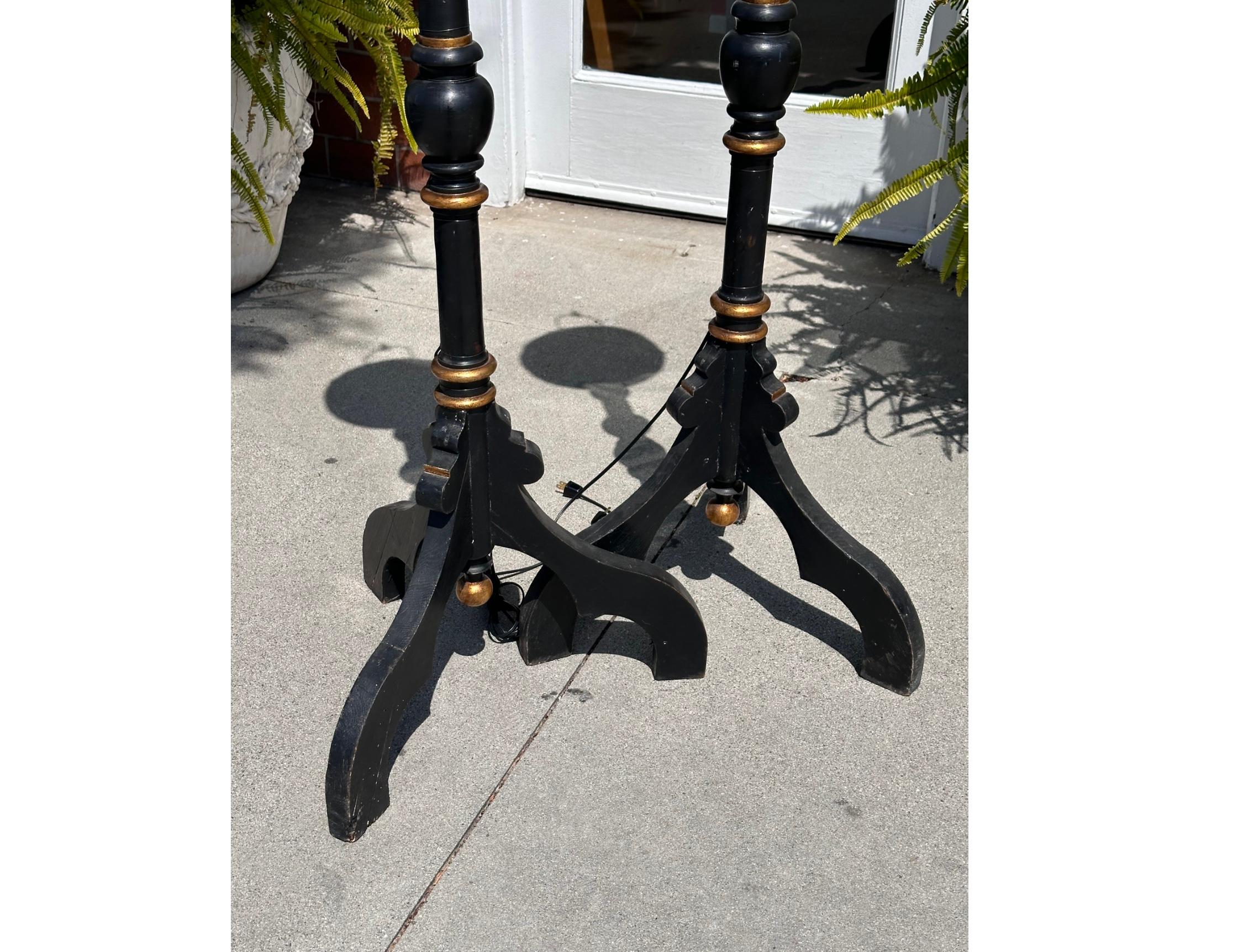 Pair of Antique Empire Style Black & Gold Torchere Floor Lamps In Good Condition For Sale In LOS ANGELES, CA