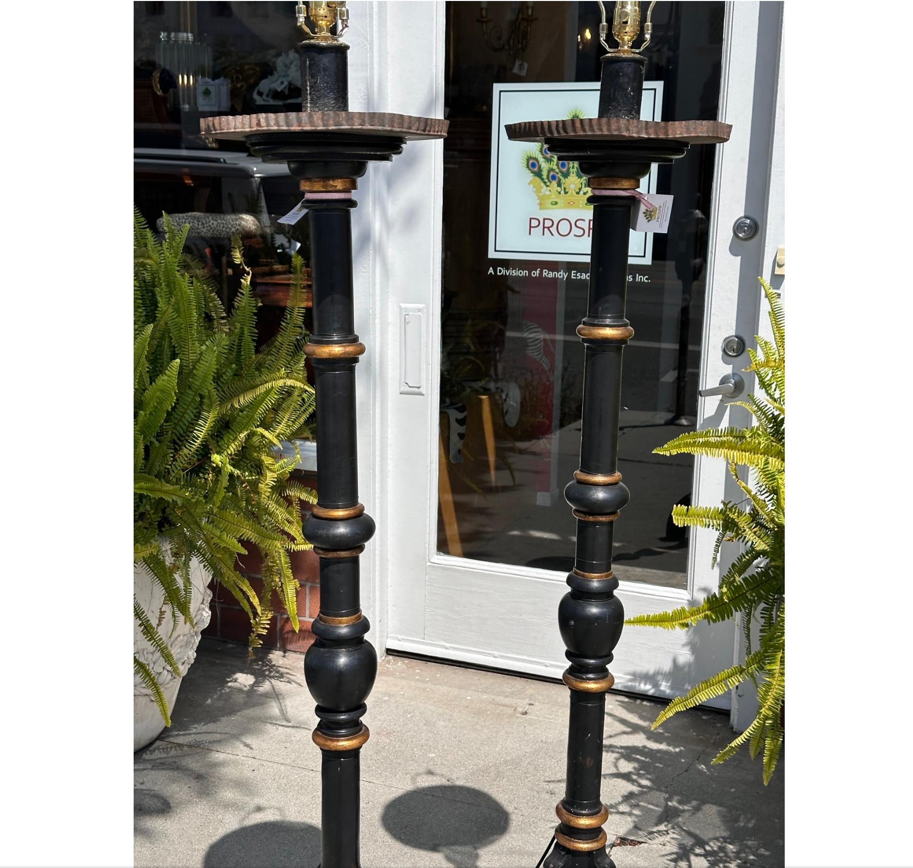 19th Century Pair of Antique Empire Style Black & Gold Torchere Floor Lamps For Sale