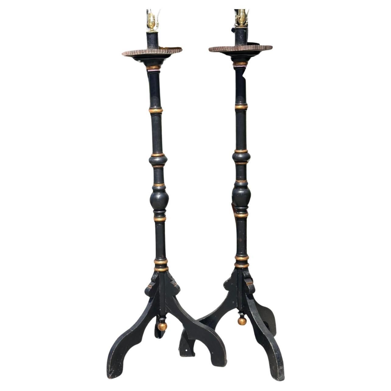 Pair of Antique Empire Style Black & Gold Torchere Floor Lamps For Sale