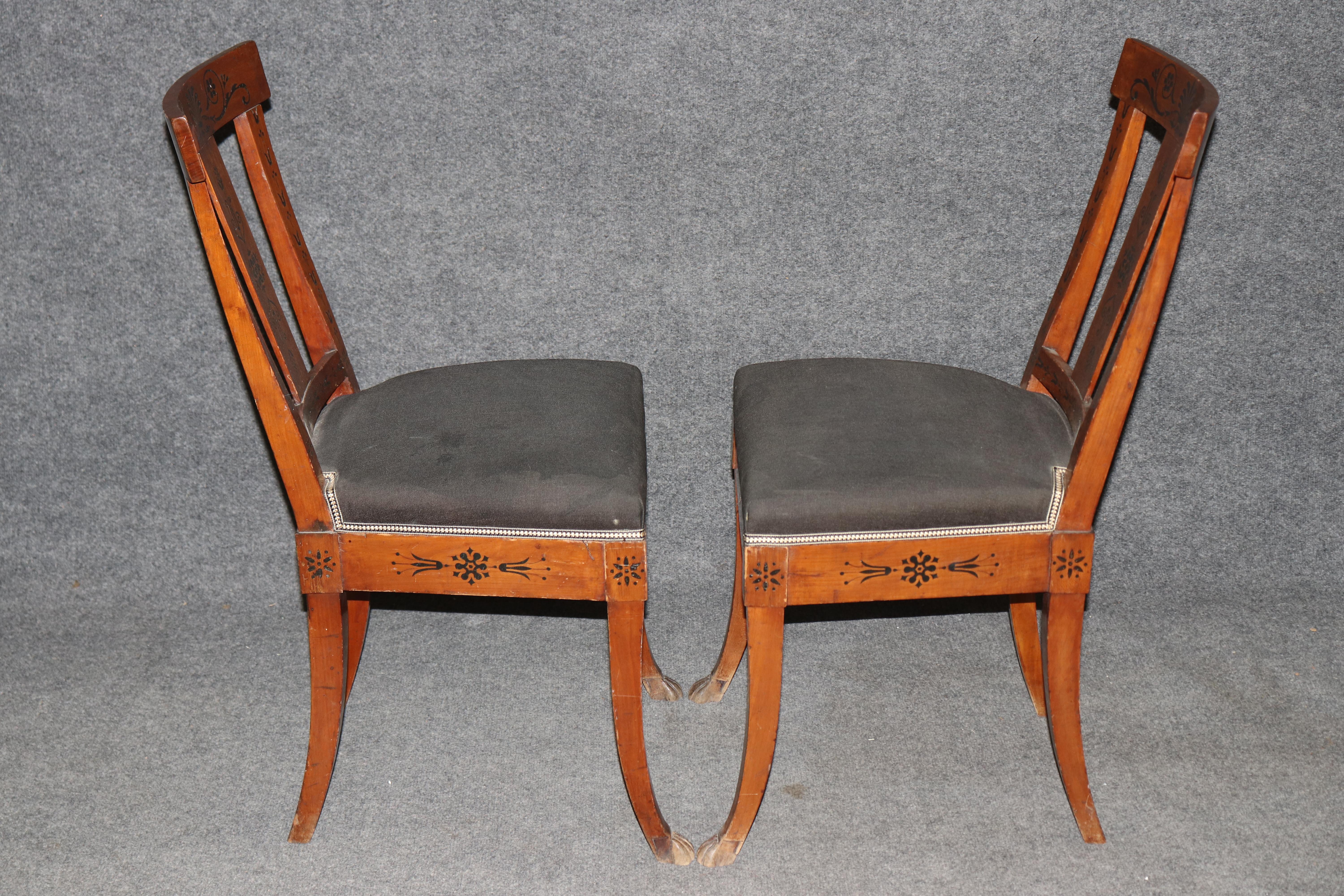 Pair of Antique Empire Style Dutch Marquetry Inlaid and Carved Side Chairs In Good Condition For Sale In Swedesboro, NJ