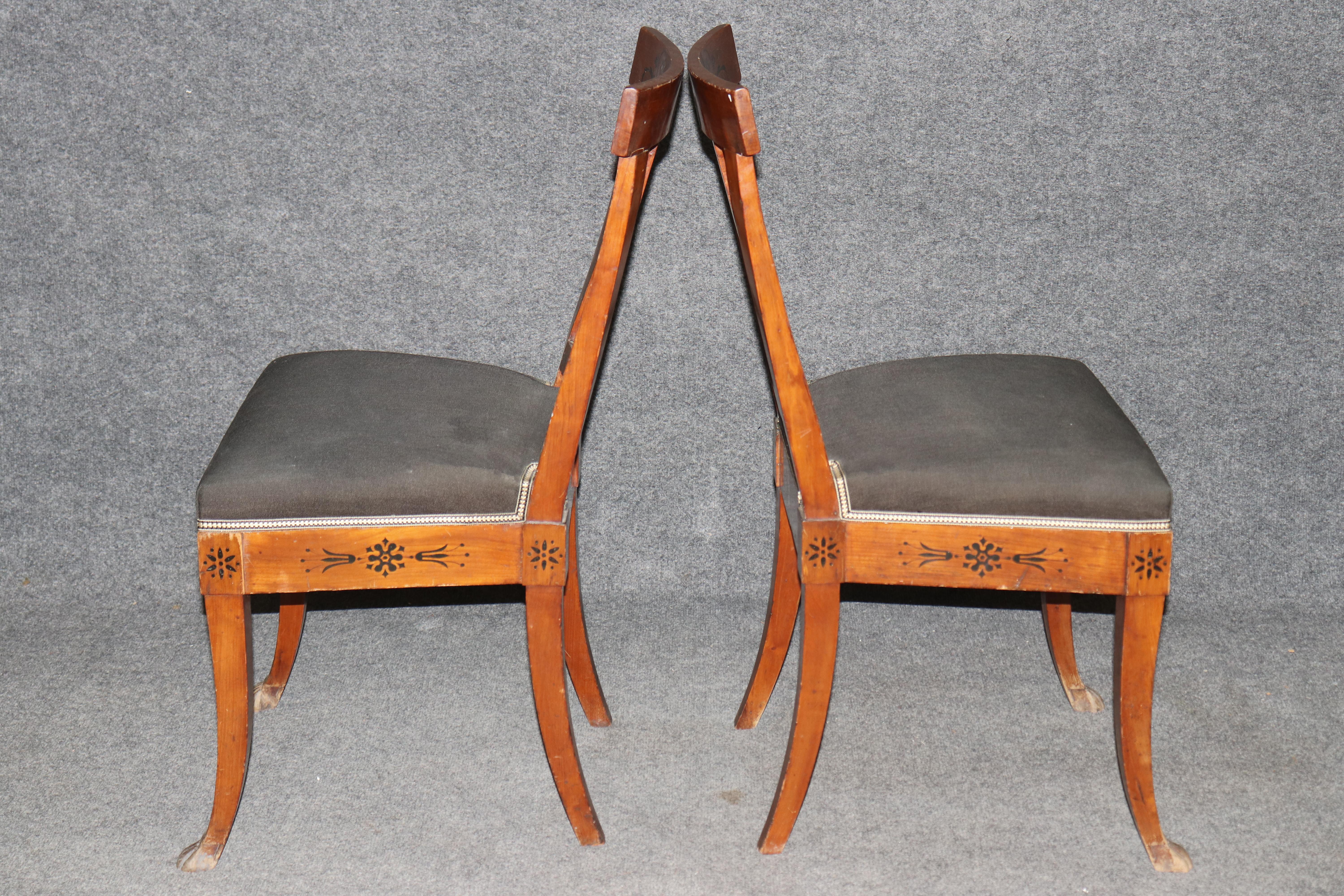 Upholstery Pair of Antique Empire Style Dutch Marquetry Inlaid and Carved Side Chairs For Sale