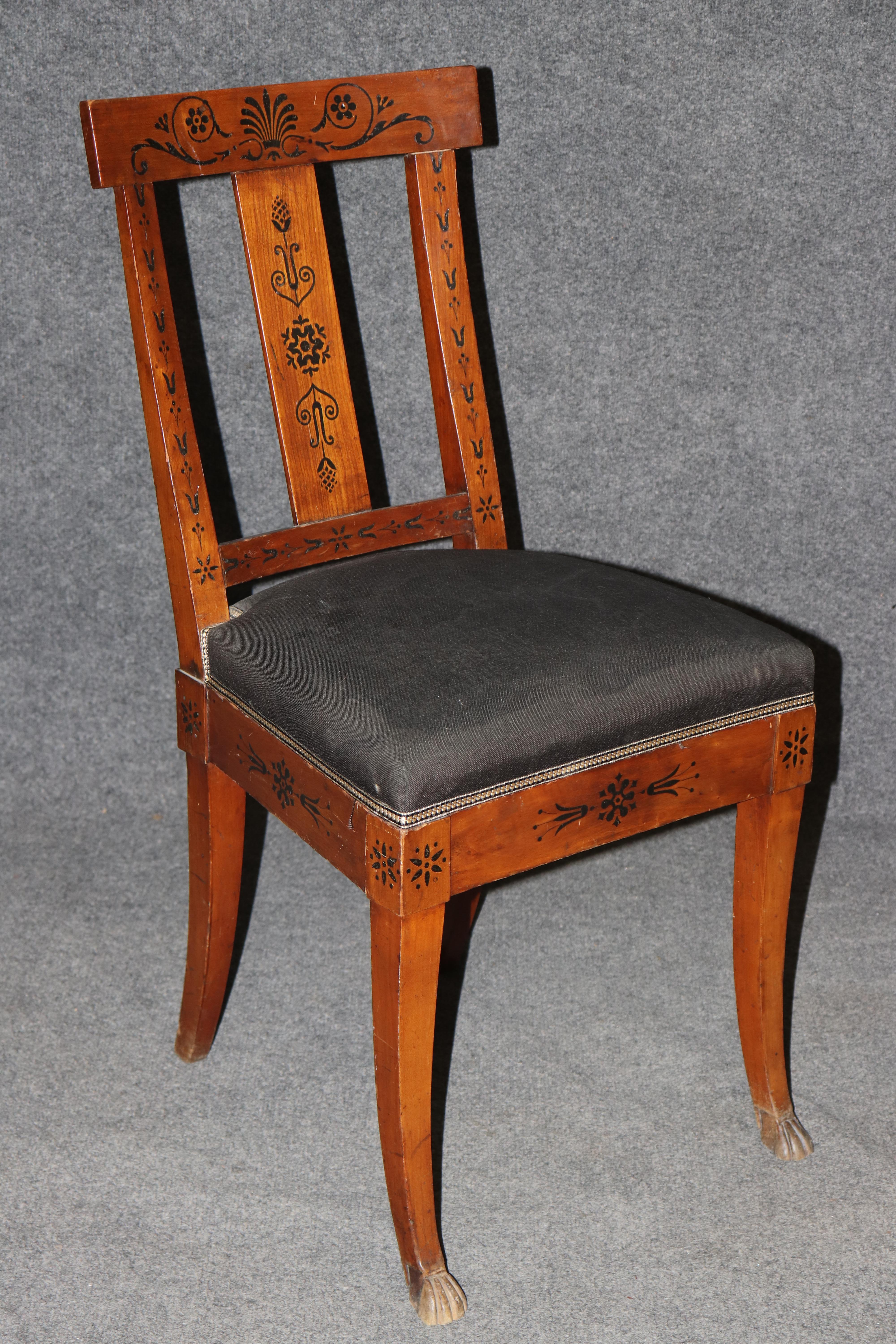 Pair of Antique Empire Style Dutch Marquetry Inlaid and Carved Side Chairs For Sale 1