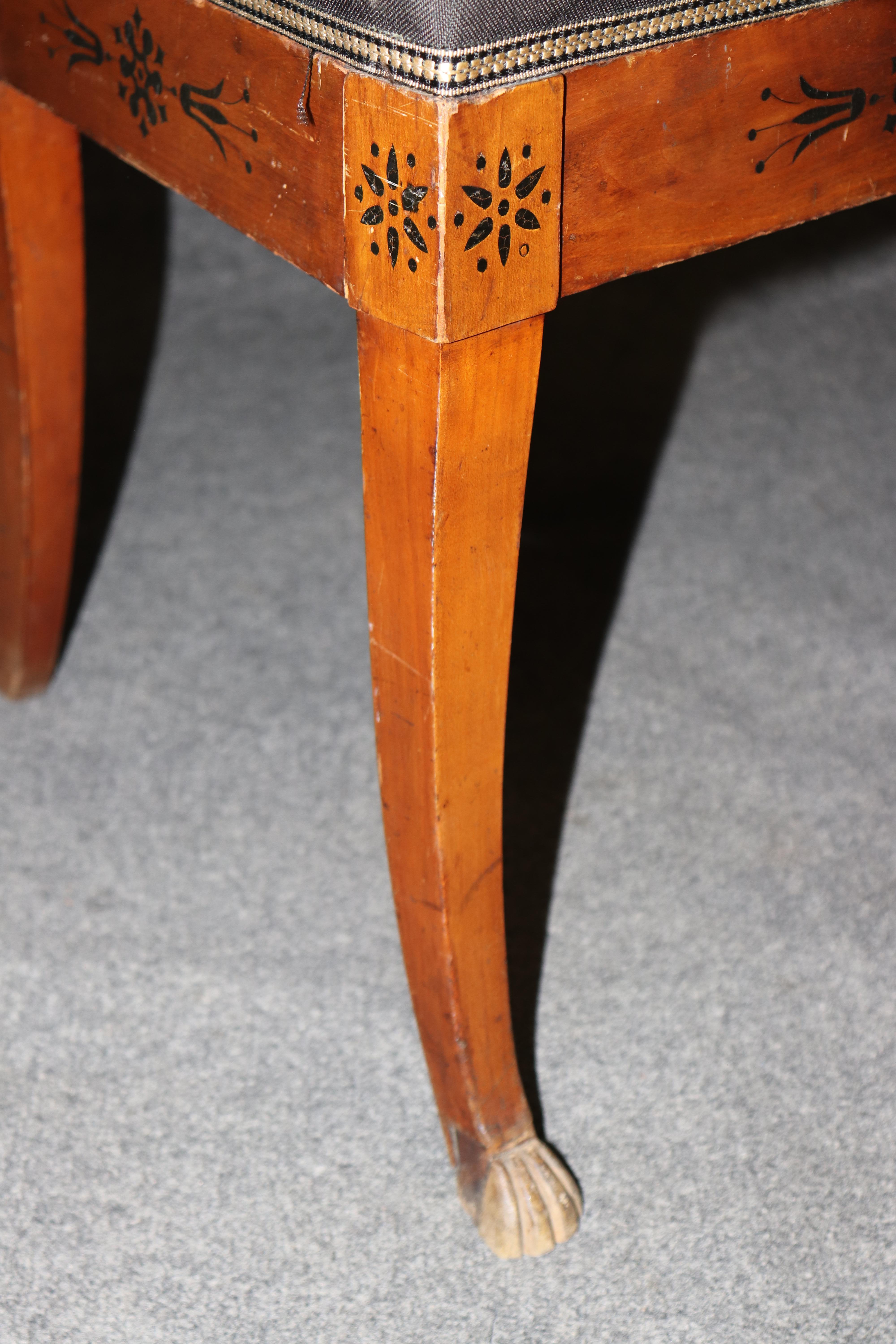 Pair of Antique Empire Style Dutch Marquetry Inlaid and Carved Side Chairs For Sale 2