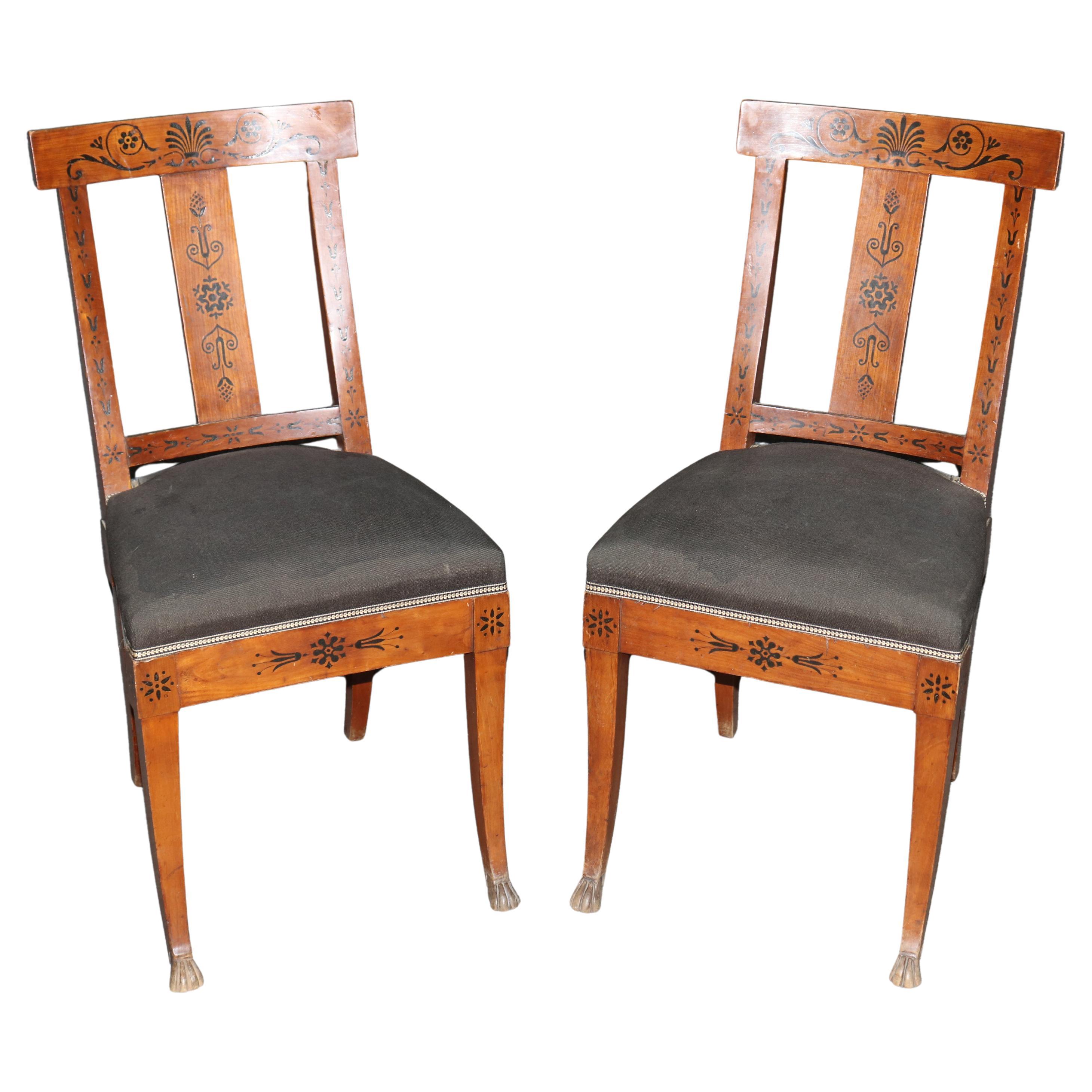 Pair of Antique Empire Style Dutch Marquetry Inlaid and Carved Side Chairs For Sale