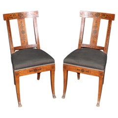 Pair of Antique Empire Style Dutch Marquetry Inlaid and Carved Side Chairs