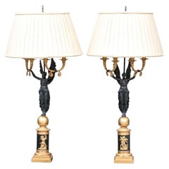 Pair Of Antique Empire Style Figural Dore Bronze Table Lamps With Shades