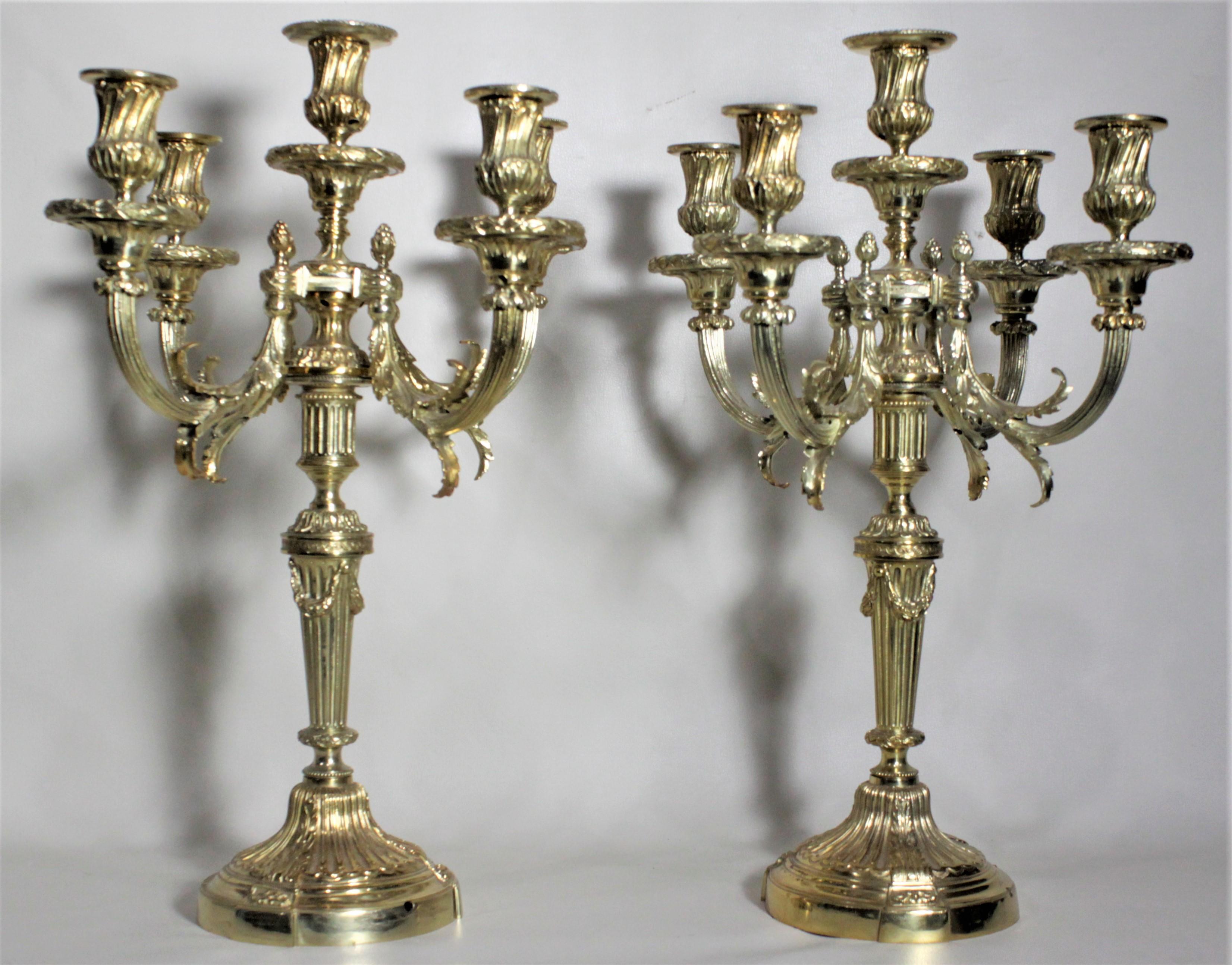 Pair of Antique Empire Style Four Branch Gilt Bronze Candelabras In Good Condition For Sale In Hamilton, Ontario
