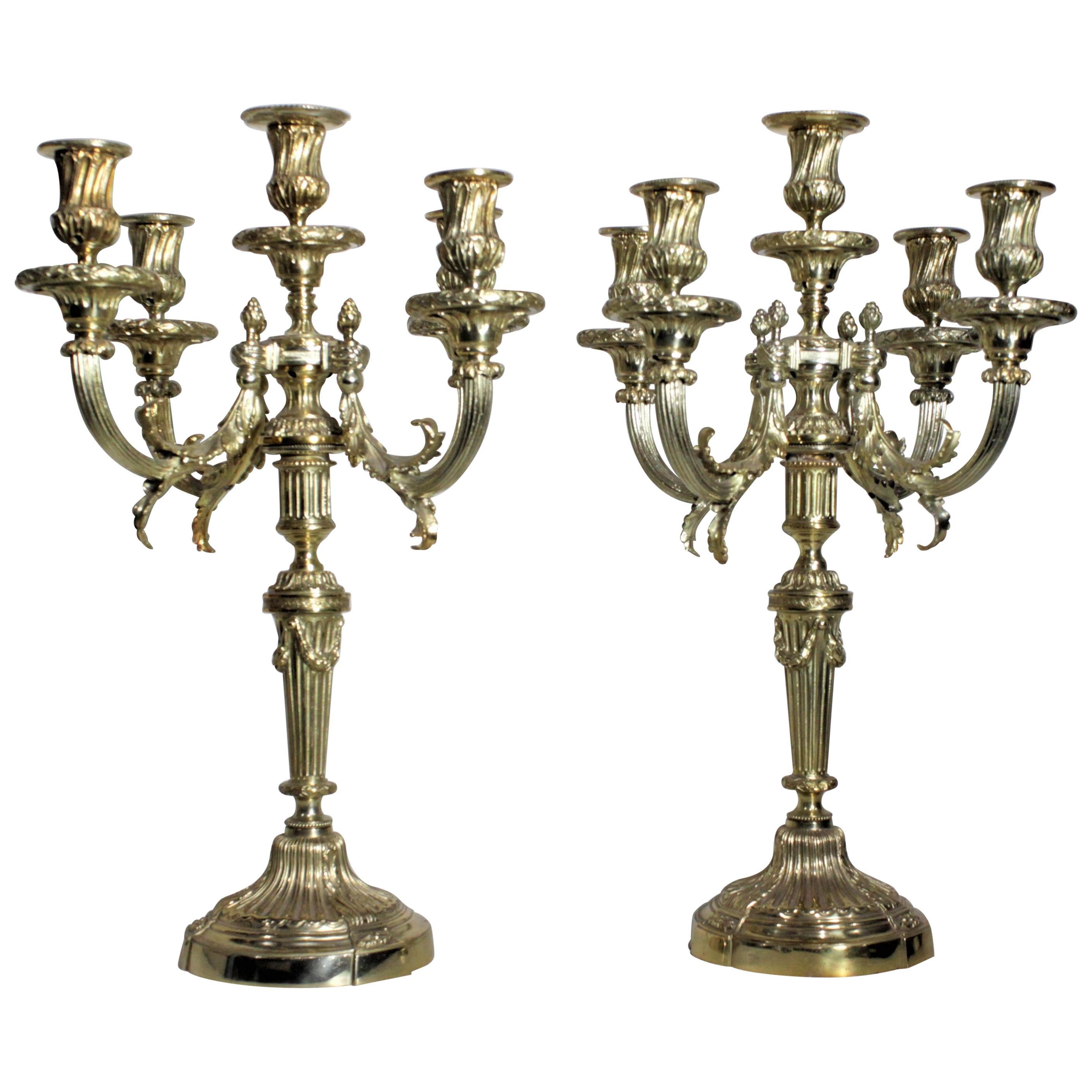 Pair of Antique Empire Style Four Branch Gilt Bronze Candelabras For Sale