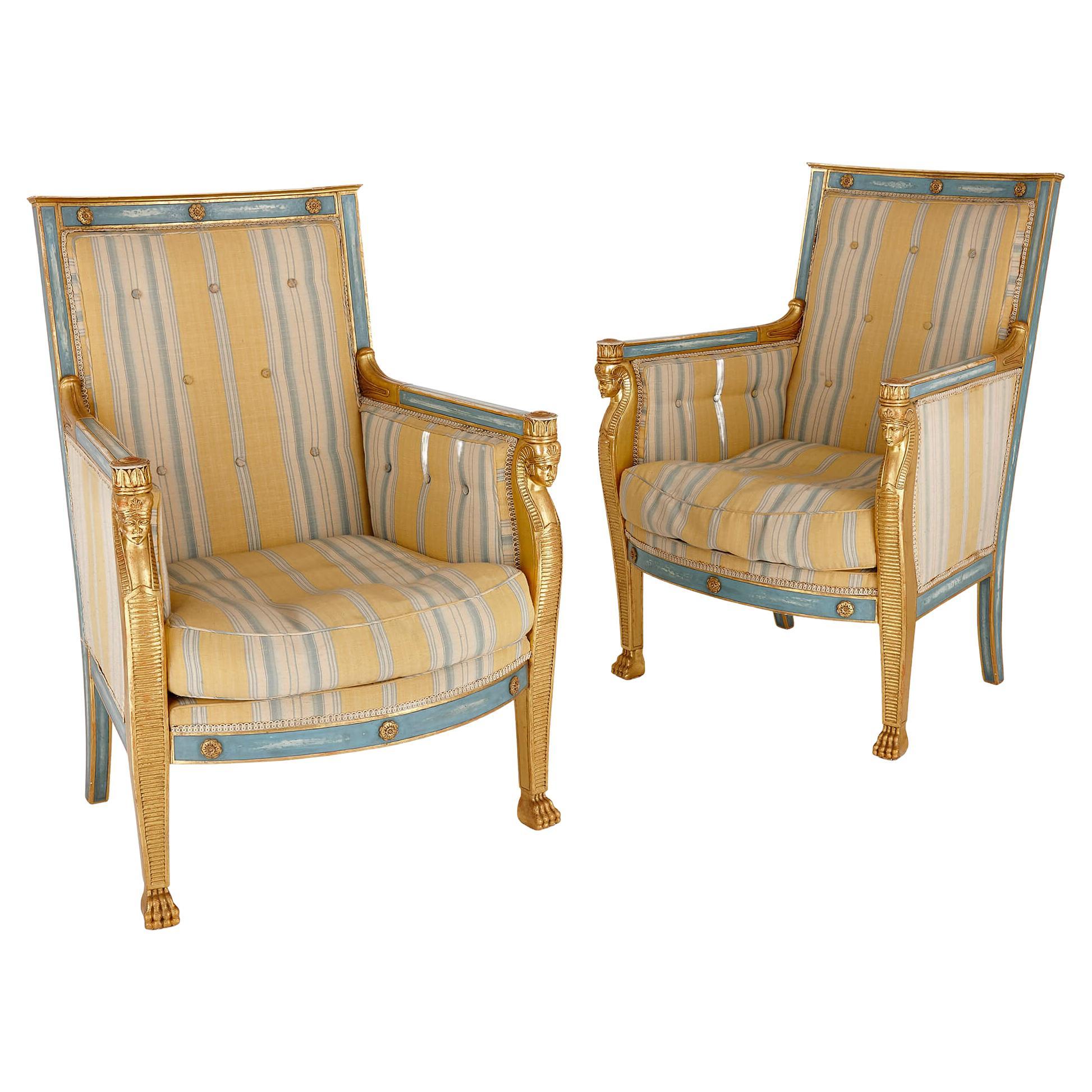 Pair of Antique Empire Style Giltwood Armchairs