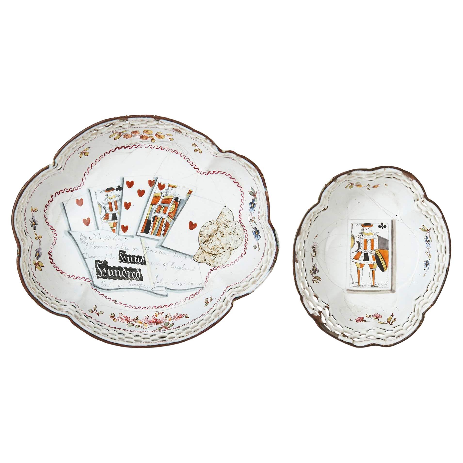 Pair of Antique Enamelled Staffordshire English Dishes with Playing Cards For Sale