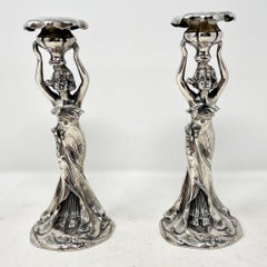 Pair of Antique English Art Nouveau Silver Plated Candlesticks, Circa 1900-1920.