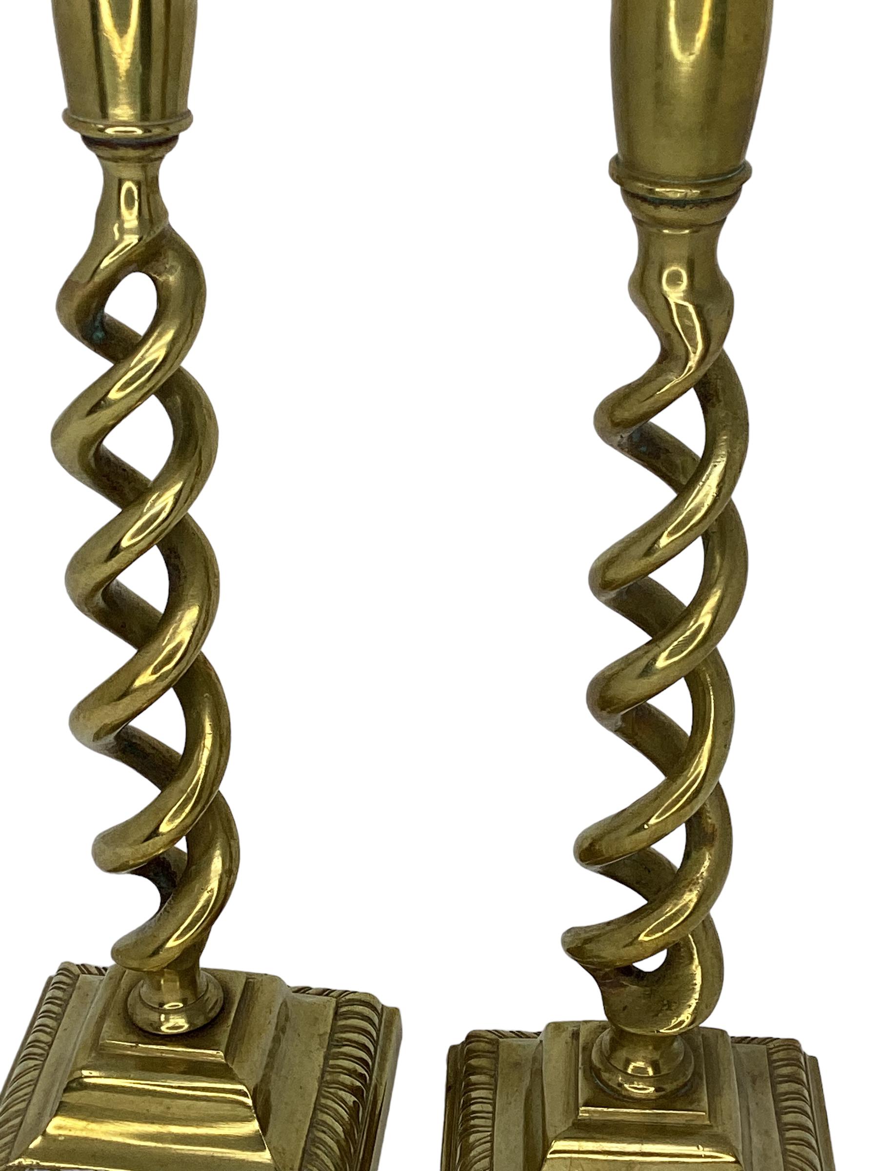 Brass Pair of Antique English Barley Candlesticks 