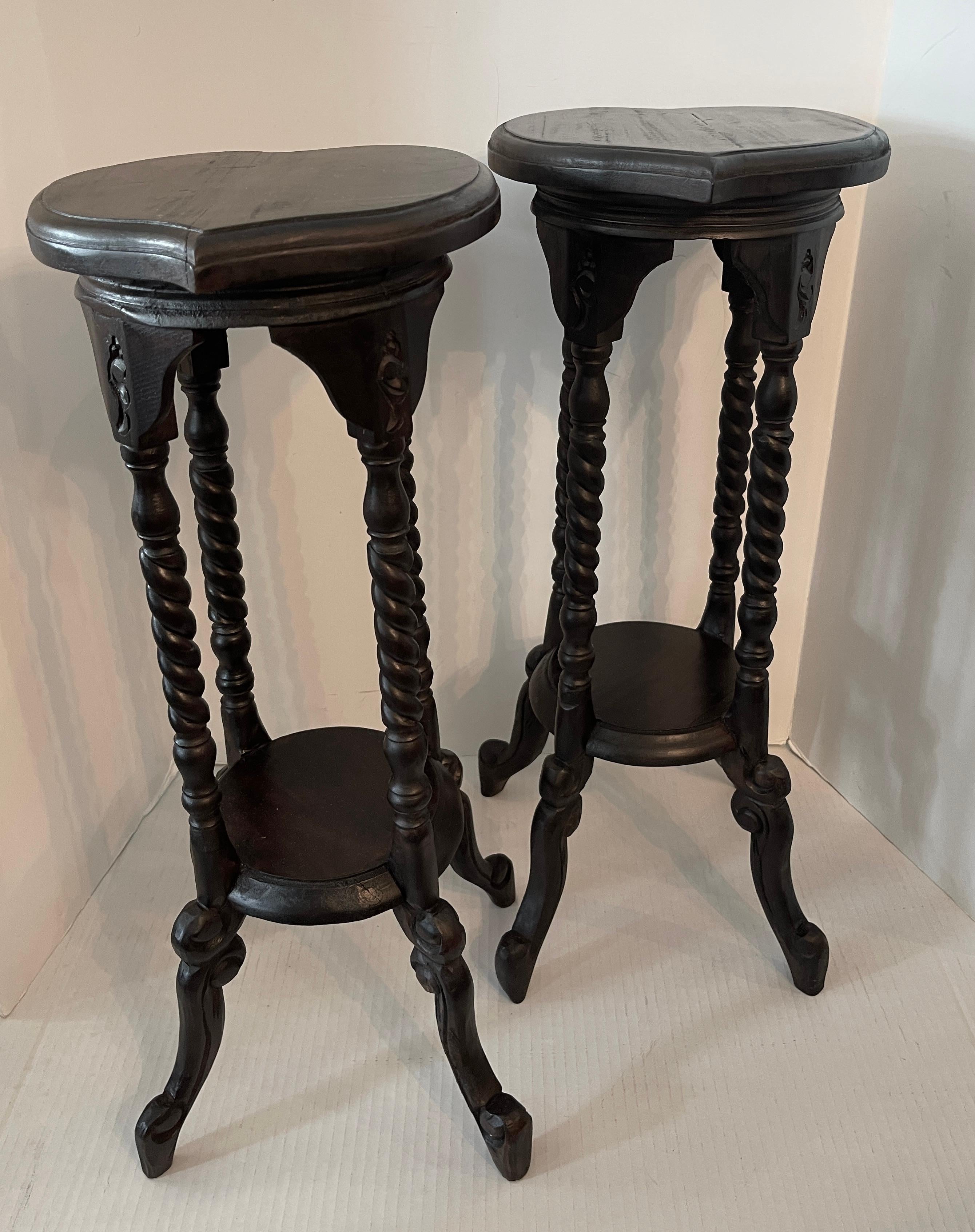 Just in, this Pair of Antique English Barley Twist Heart Shape Candle Stands, C.1920s
They are hand crafted, the wood to my knowledge is Oak and has been ebonised.
This pair has a  Black matte finish.
Each has for barley twisted legs.
The heart