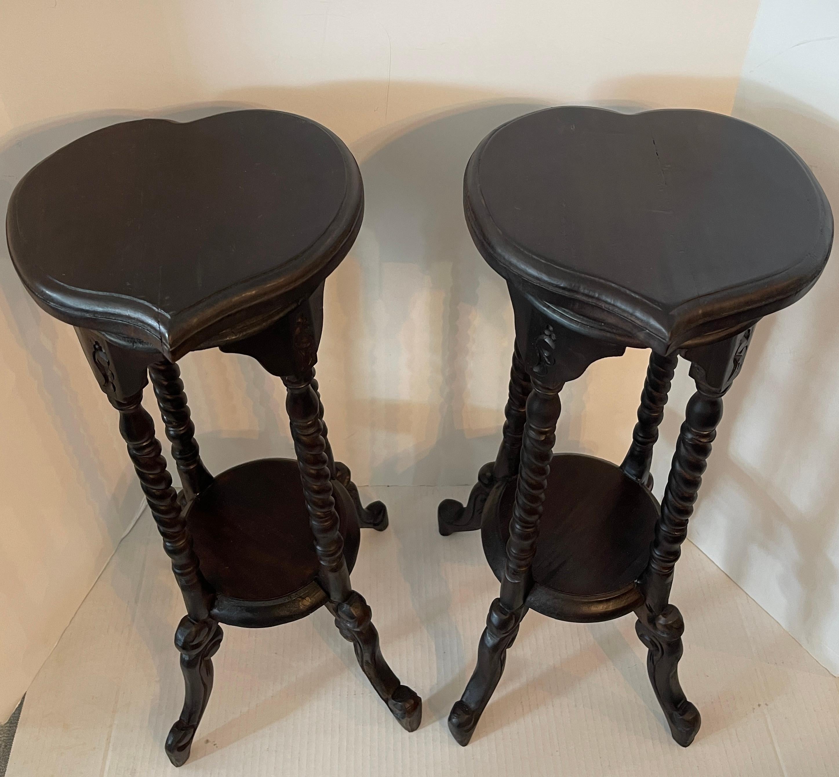 Hand-Carved Pair of Antique English Barley Twist Heart Shape Candle Stands