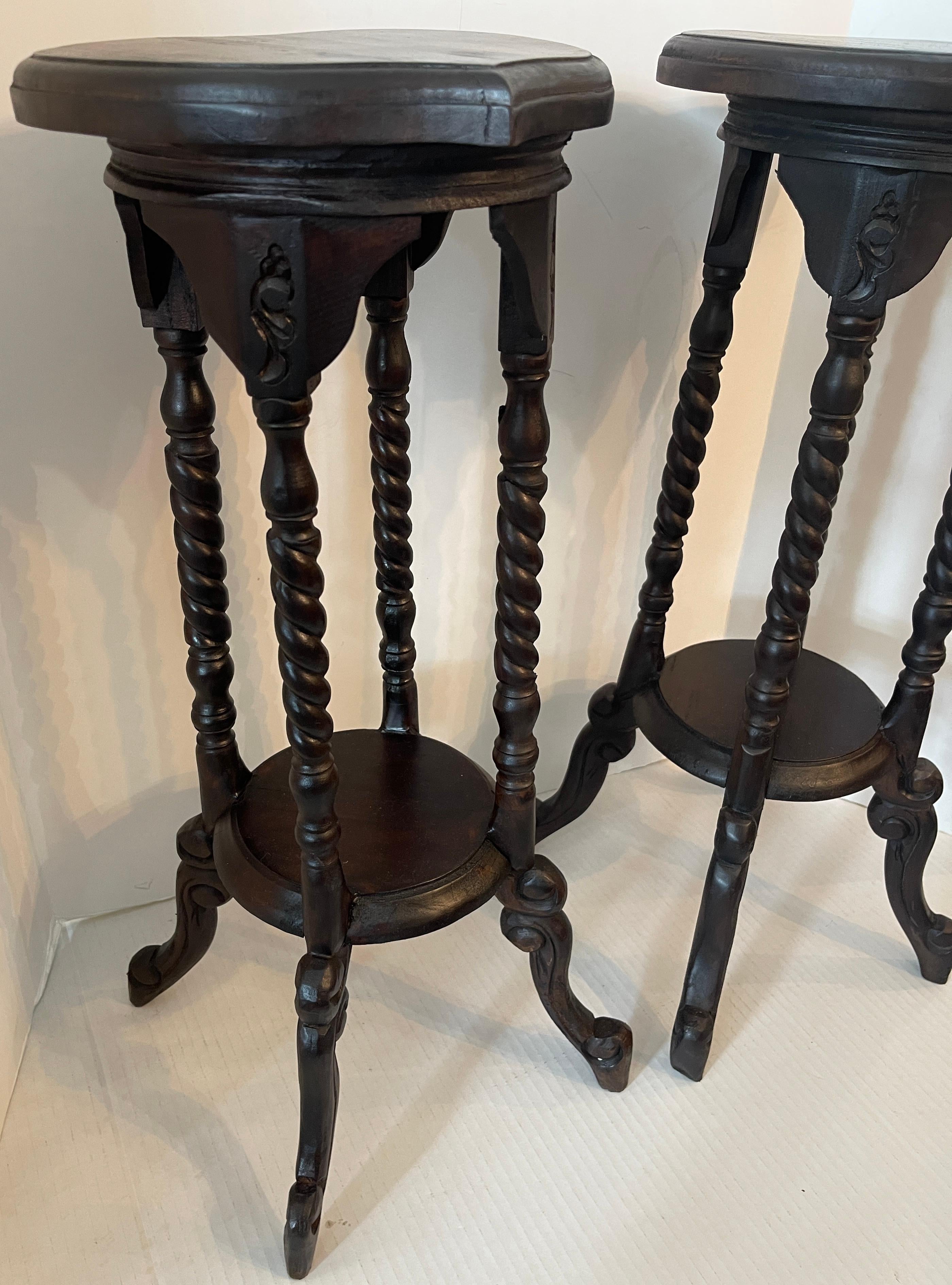 Pair of Antique English Barley Twist Heart Shape Candle Stands 3
