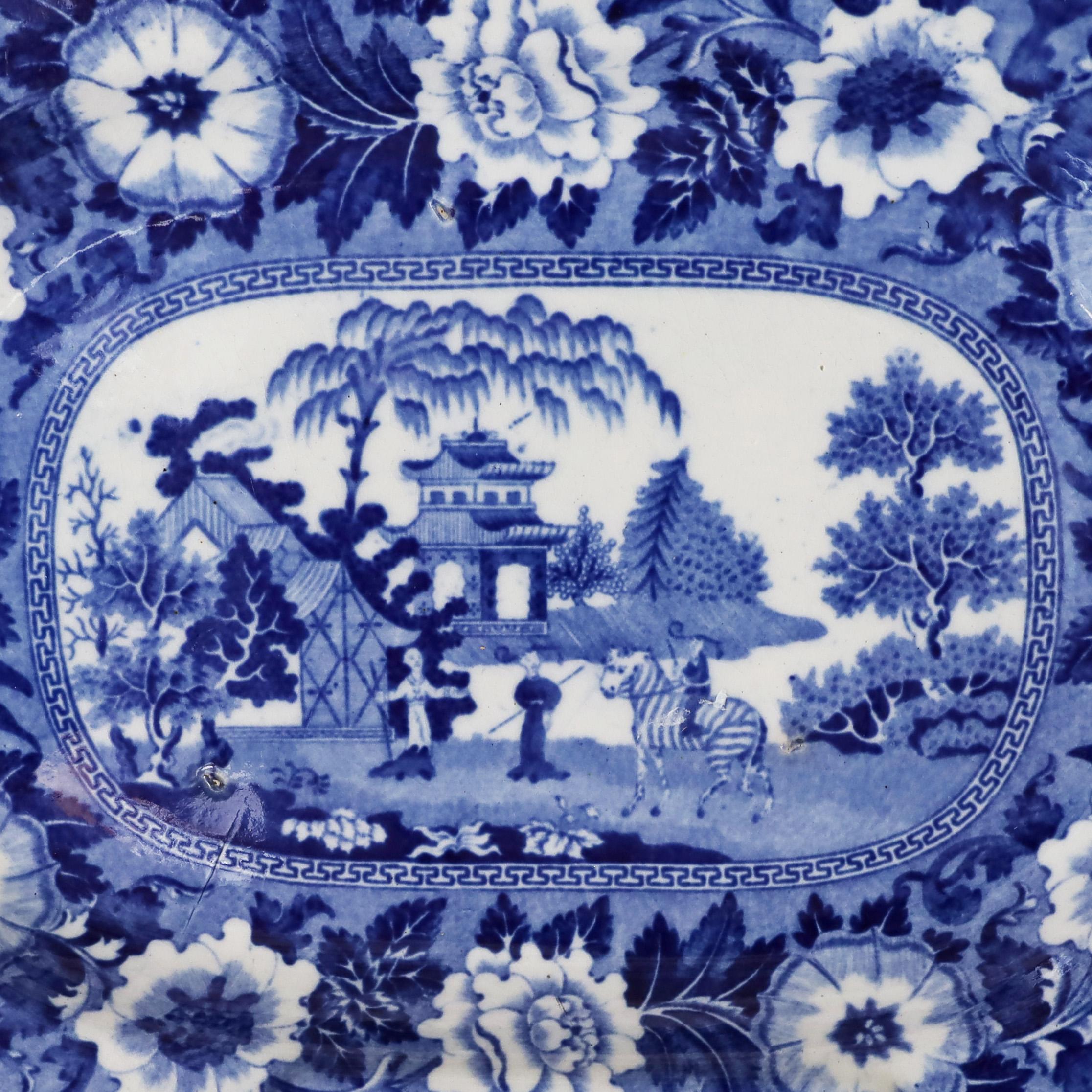 William IV Pair of Antique English Blue and White Chinoiserie Transfer Earthenware Dishes For Sale