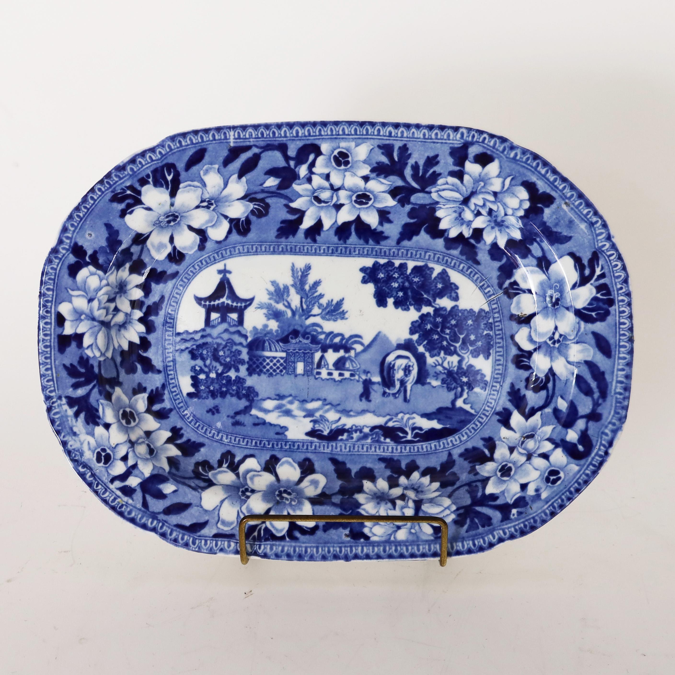 Glazed Pair of Antique English Blue and White Chinoiserie Transfer Earthenware Dishes For Sale