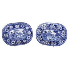Pair of Antique English Blue and White Chinoiserie Transfer Earthenware Dishes