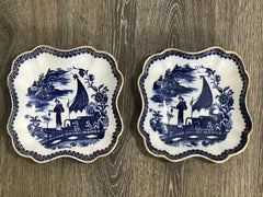 Pareja de cuencos cuadrados ingleses antiguos en azul y blanco Chinoiserie de Caughley