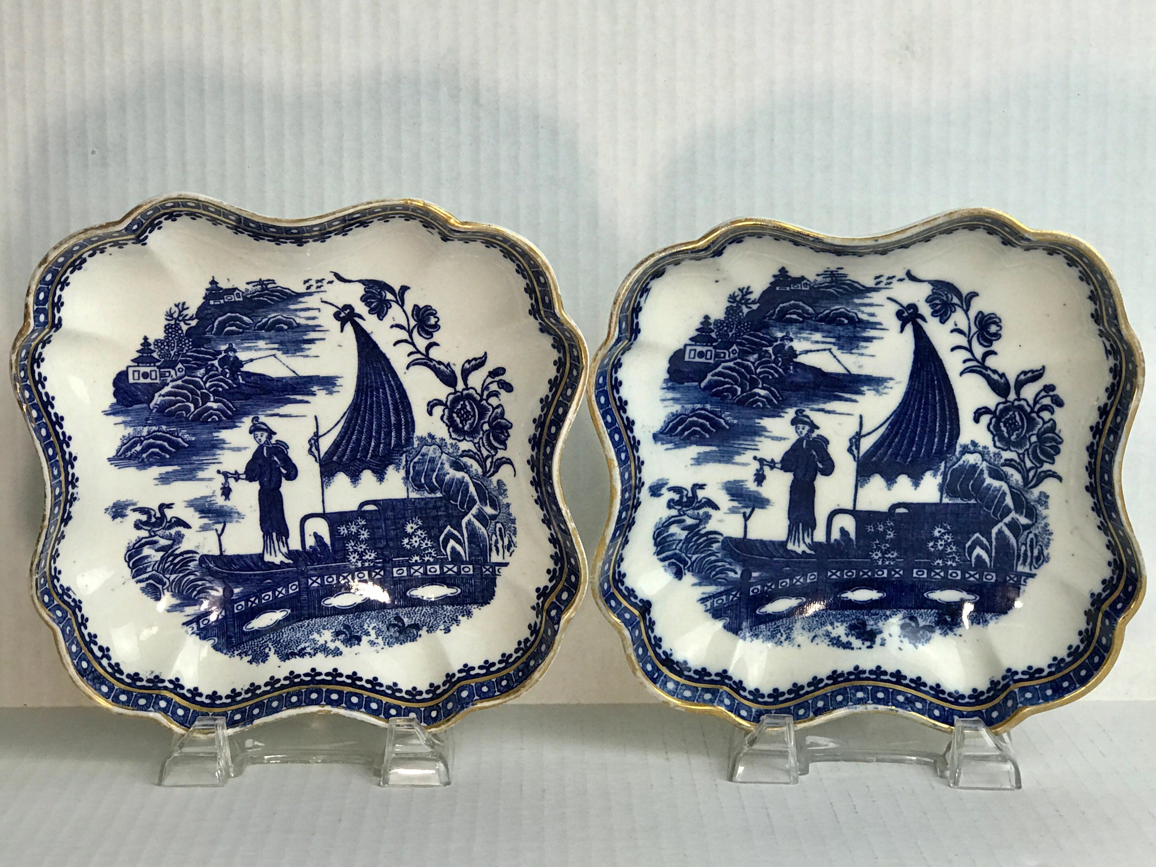 Pair of Antique English Blue and White Chinoiserie Square Bowls by Caughley In Good Condition For Sale In West Palm Beach, FL