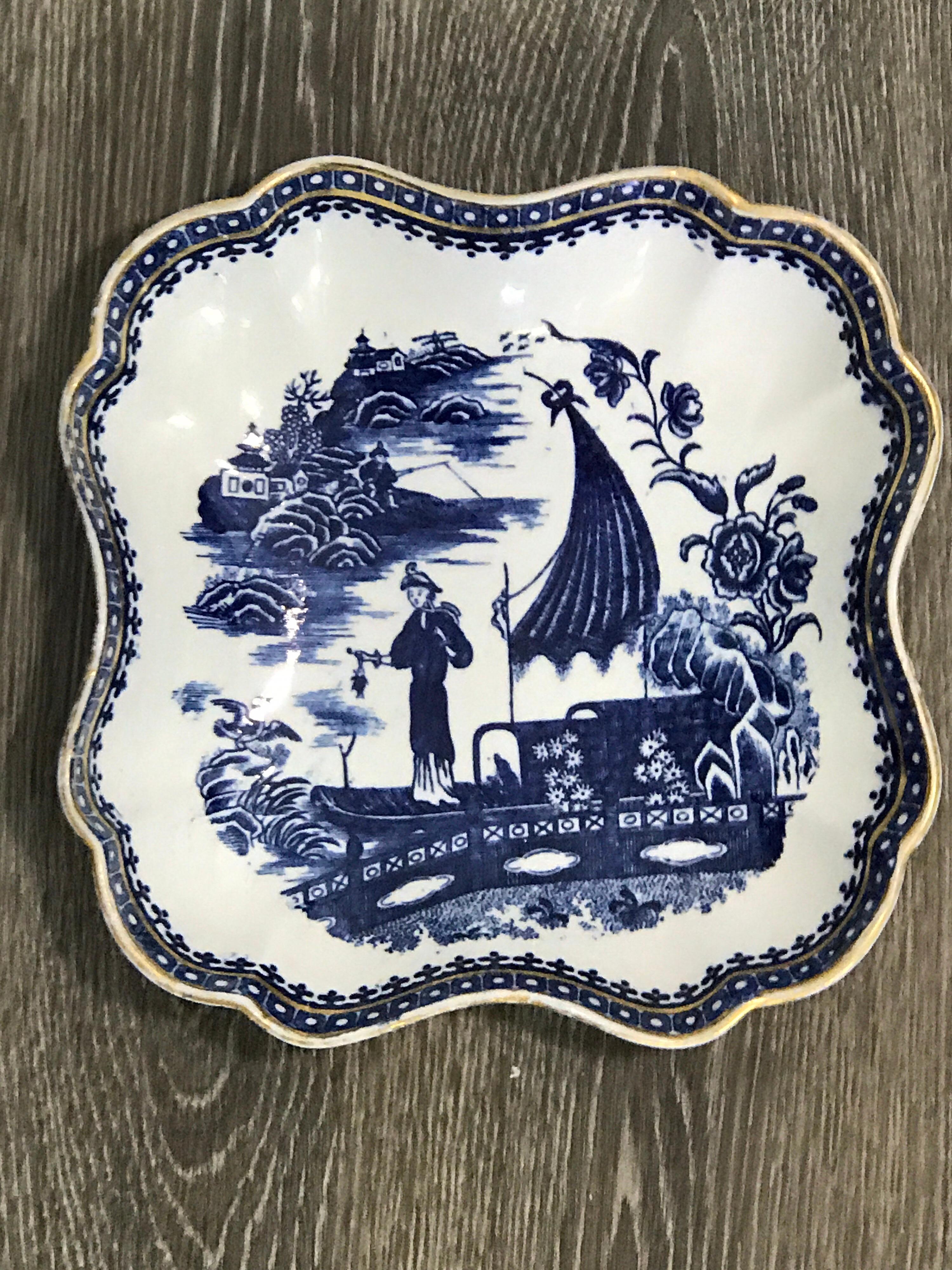 18th Century Pair of Antique English Blue and White Chinoiserie Square Bowls by Caughley For Sale