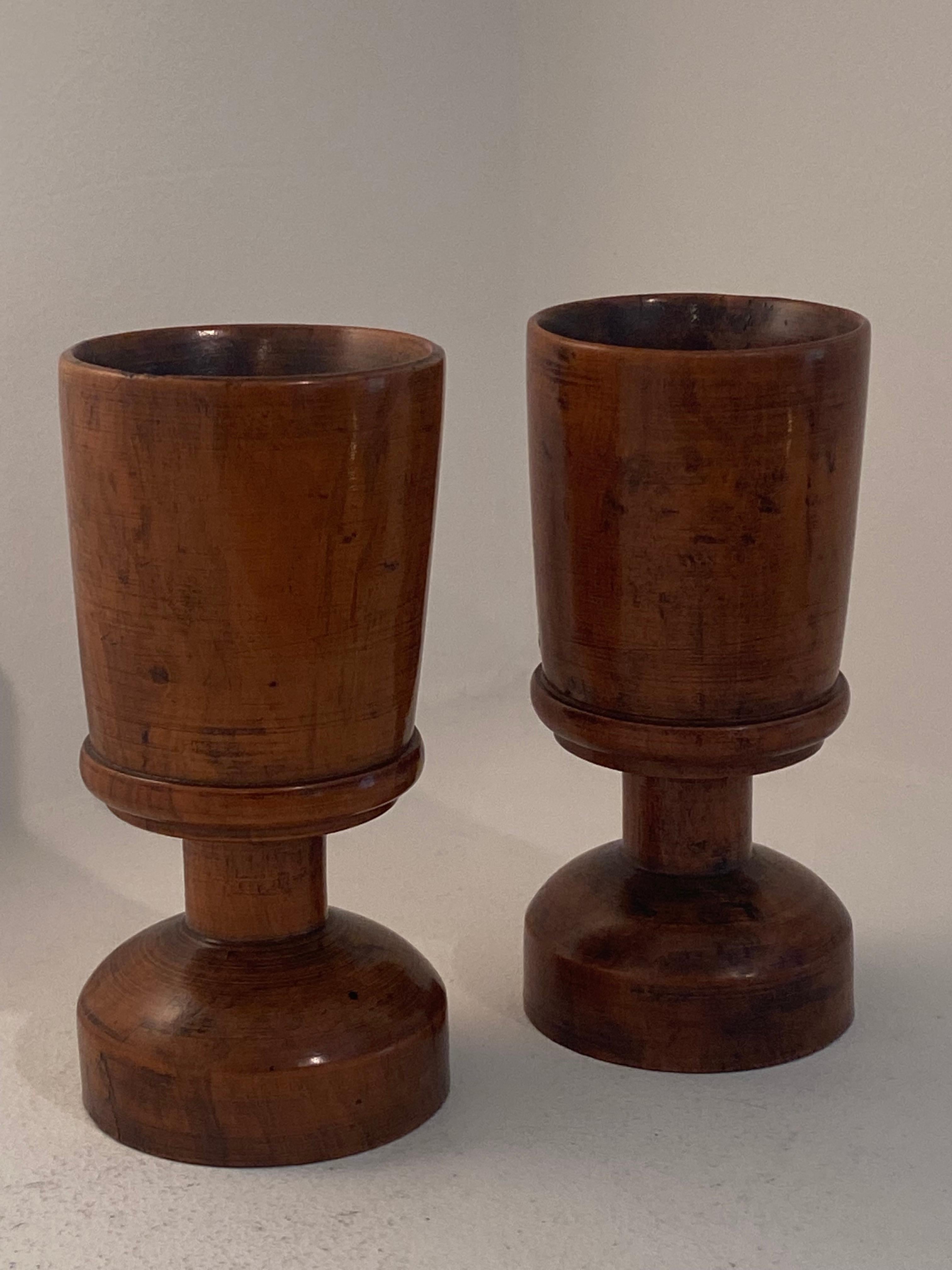 Exceptional pair of Antique English boxwood Gobelets-Bekers,
18 th Century, ca 1780,
from the A.J. Levi Collection, nr 830 a & nr 830 b,
the wood has an exquisite patina and warm and worn finish,
a real collectors item.