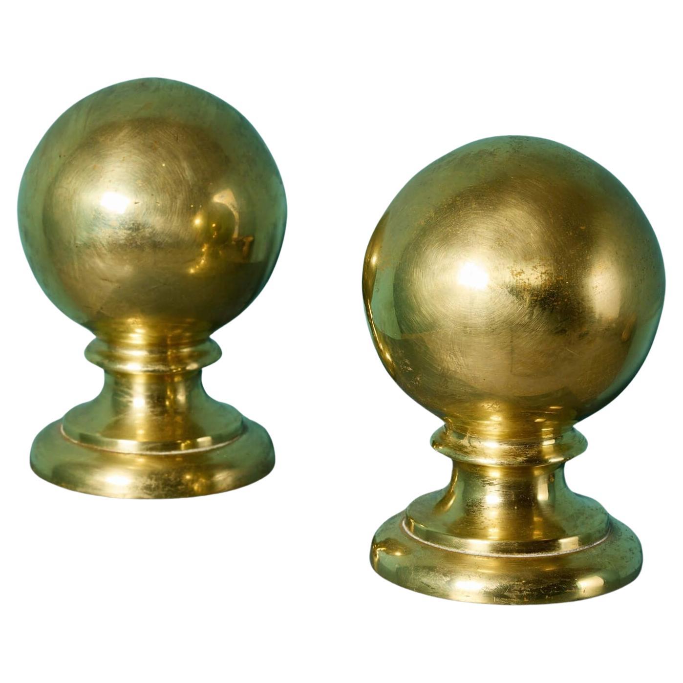 Pair of Antique English Brass Ball Finials For Sale