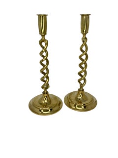 Pair of Antique English Brass Barley Twist Candlesticks
