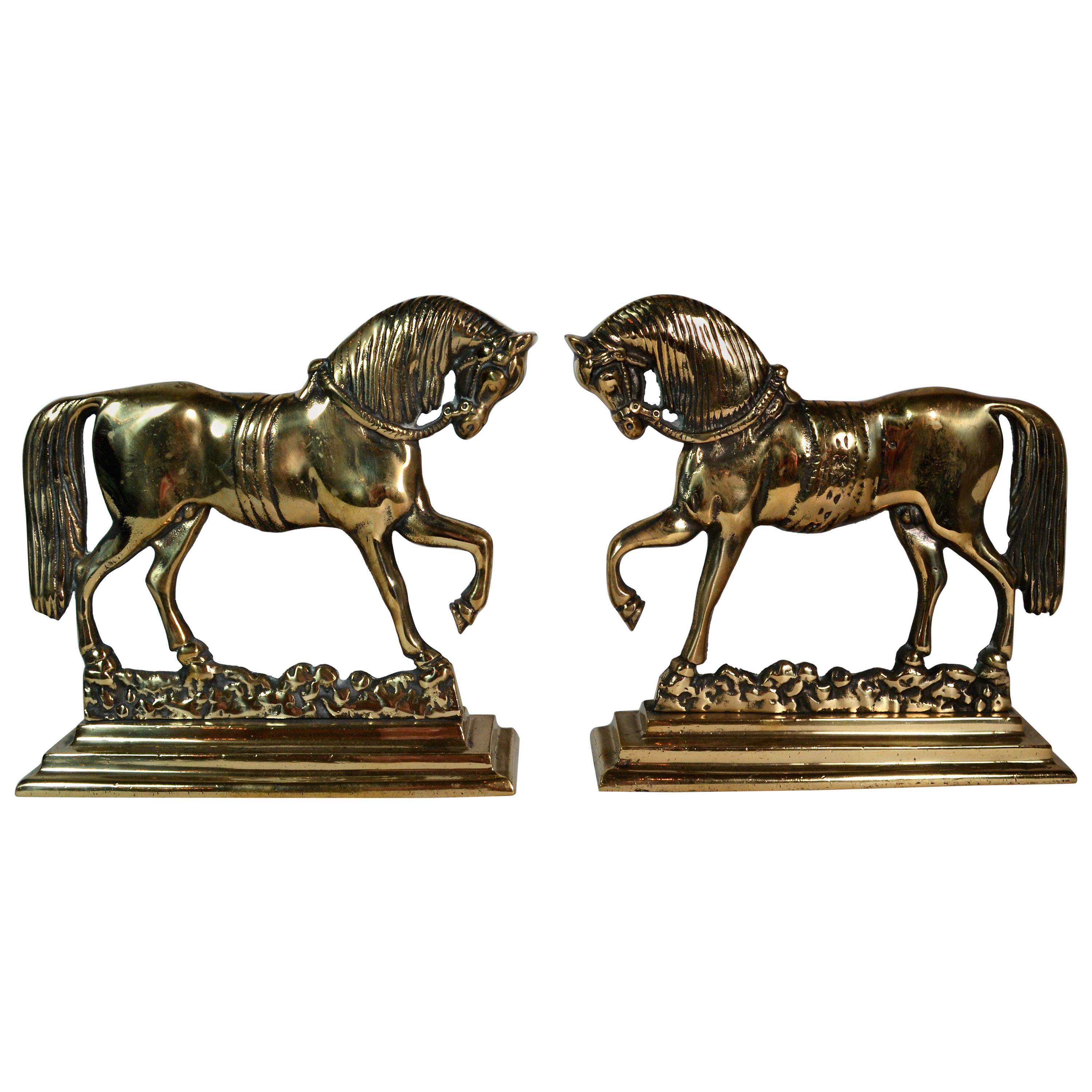 Pair of Antique English Brass Horse Bookends, circa 1870