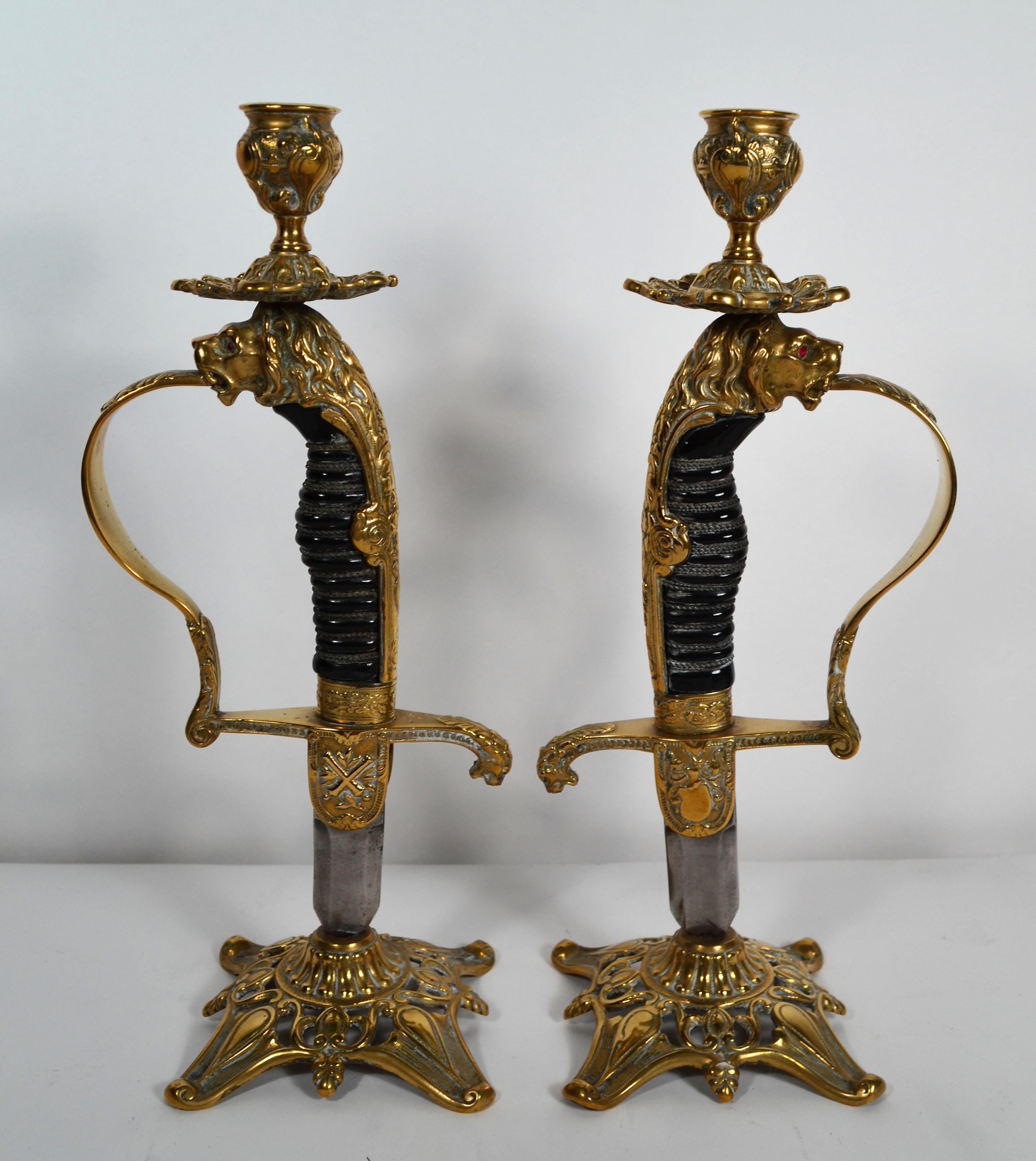 Pair of Antique English Brass Scabbard Handle Candlesticks, circa 1890 2