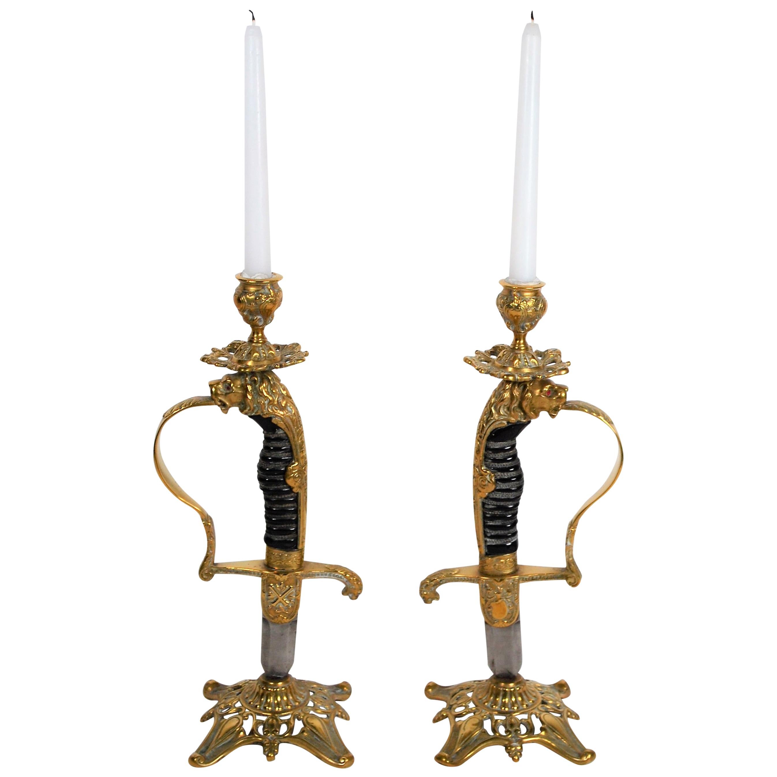 Pair of Antique English Brass Scabbard Handle Candlesticks, circa 1890