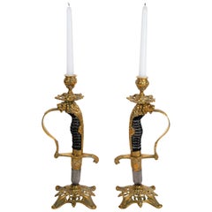 Pair of Antique English Brass Scabbard Handle Candlesticks, circa 1890