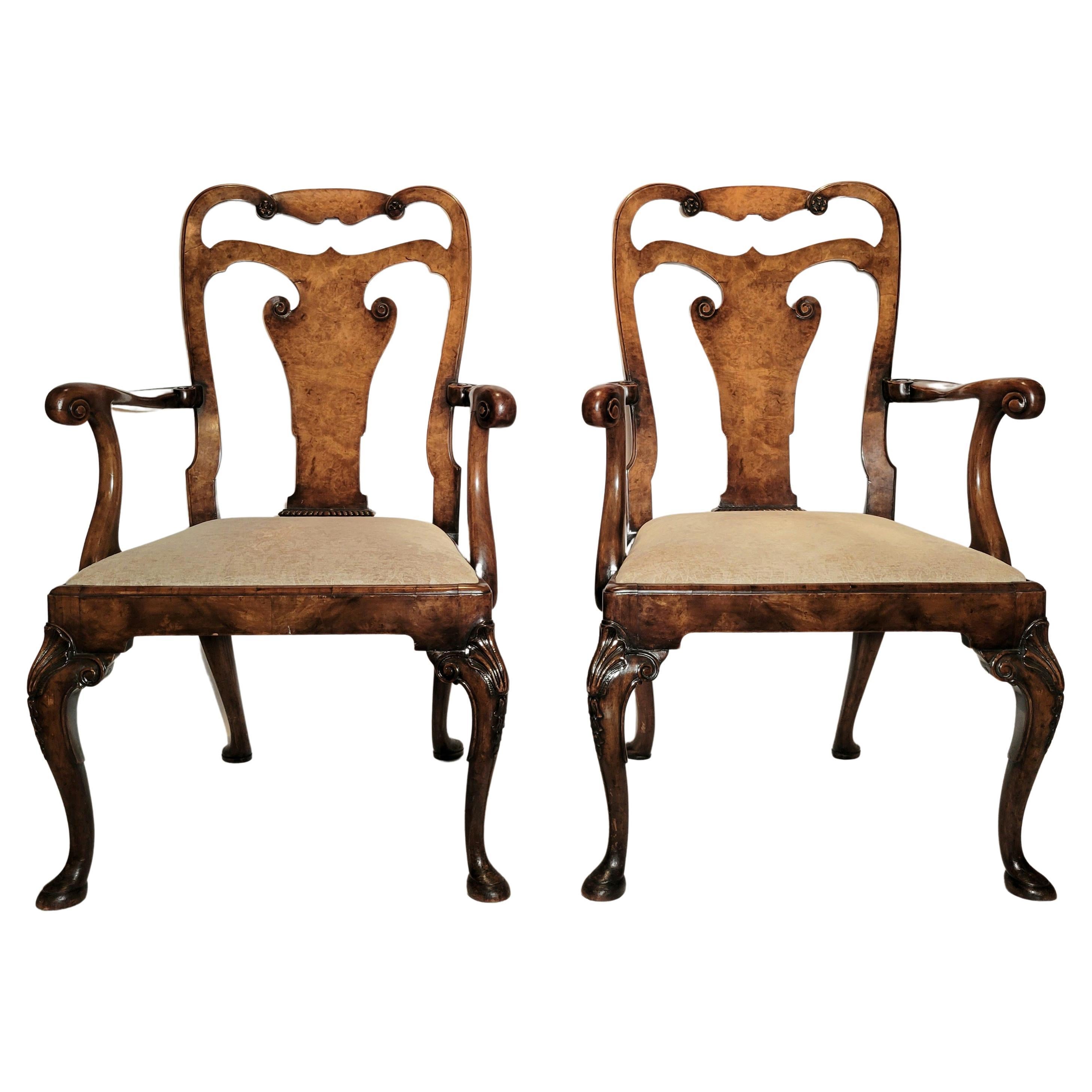 Pair of Antique  English Burl Walnut Arm Chairs, circa 1860-1870 For Sale