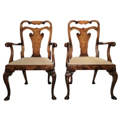 Pair of Antique  English Burl Walnut Arm Chairs, circa 1860-1870