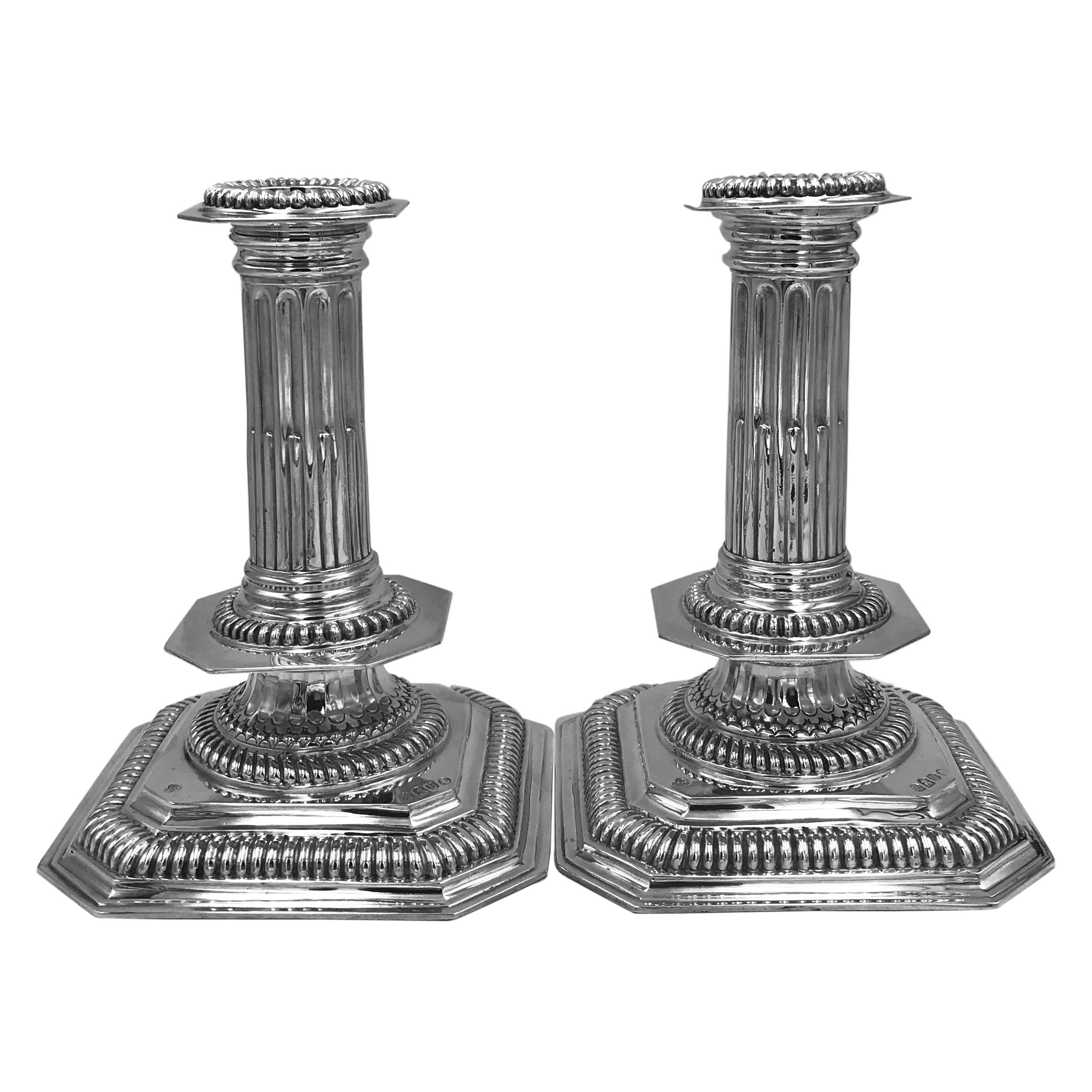 Pair of Antique English Sterling Silver Candlesticks For Sale