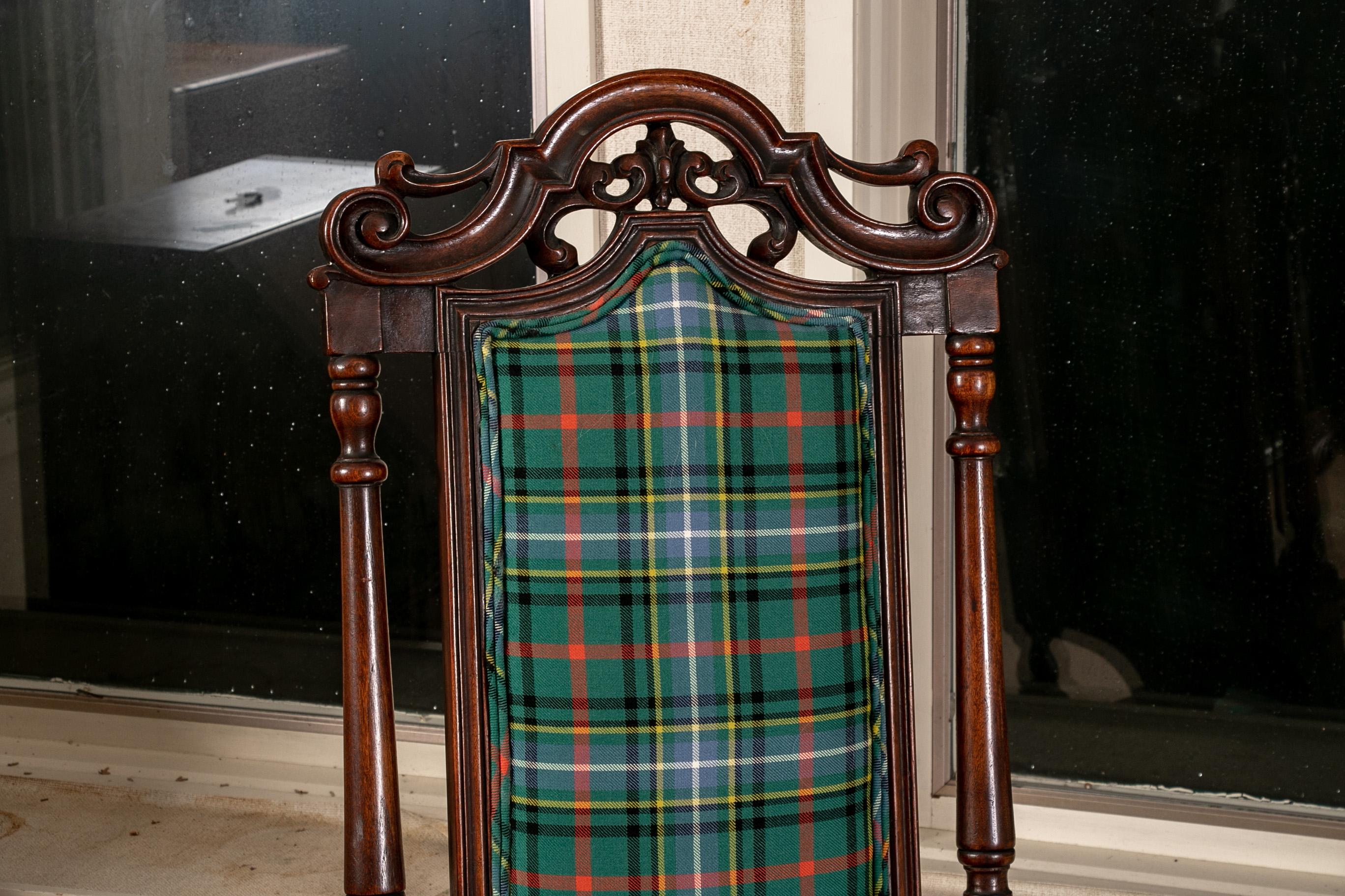 Pair of Antique English Carved Hall Chairs in a Tartan Plaid 2