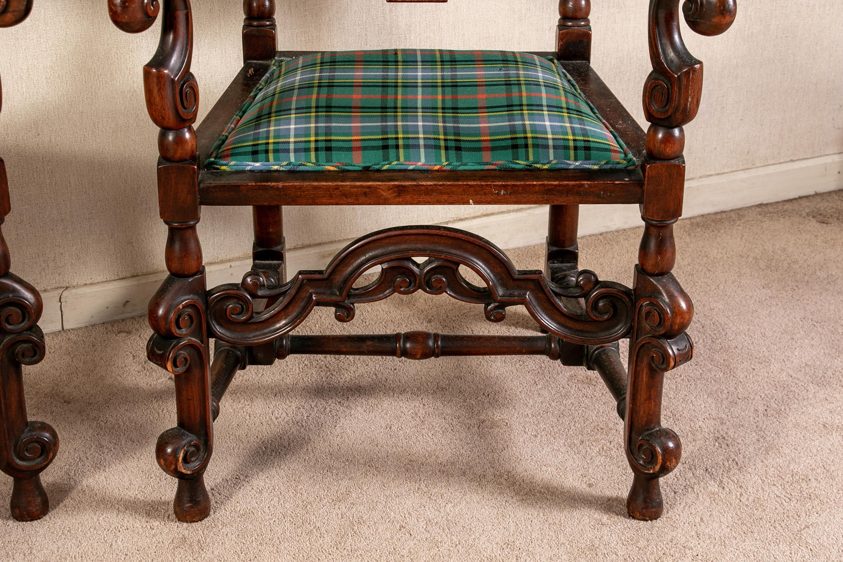 Pair of Antique English Carved Hall Chairs in a Tartan Plaid 3